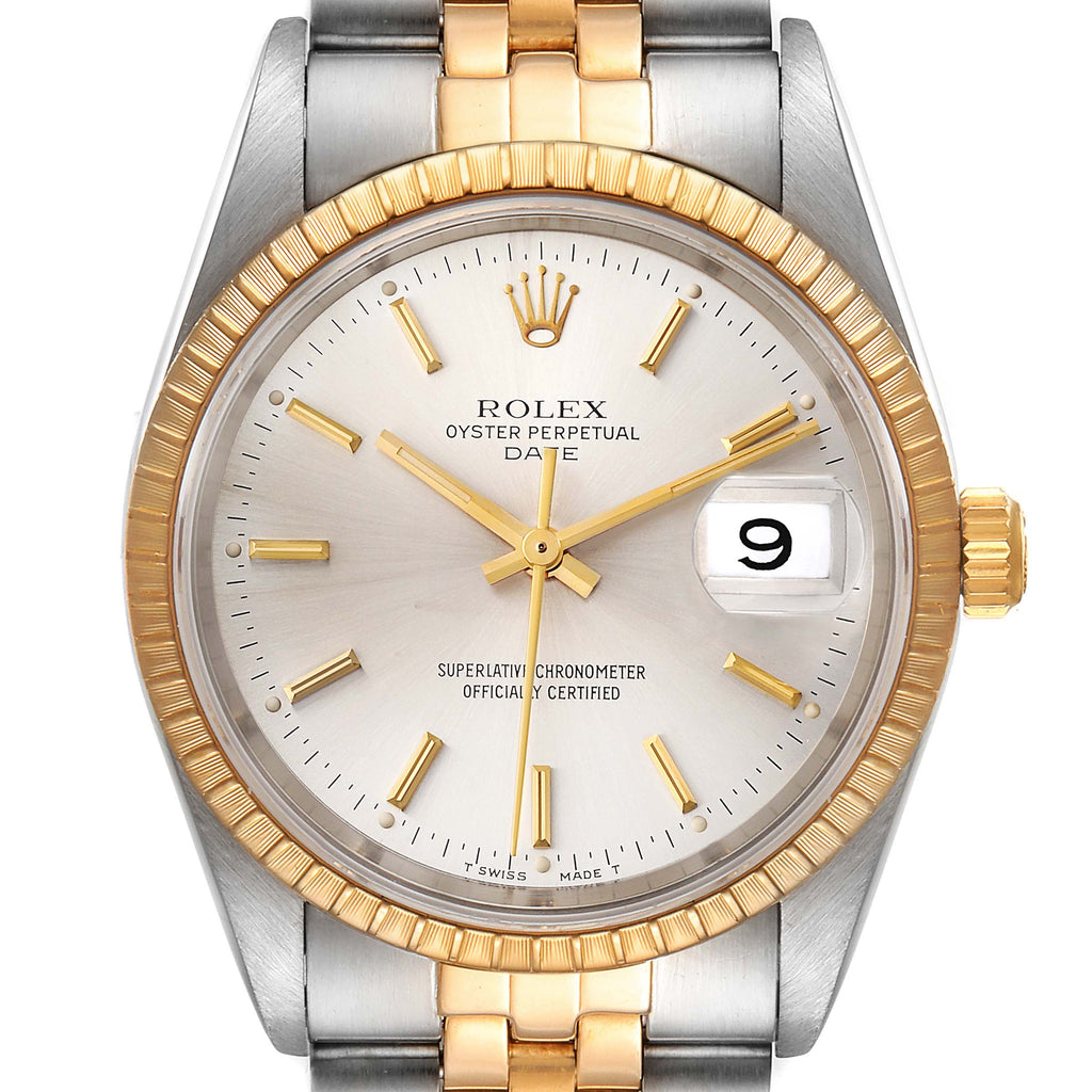 Rolex Date Mens Steel 18k Yellow Gold Silver Dial Watch 15223 NOS Box Papers