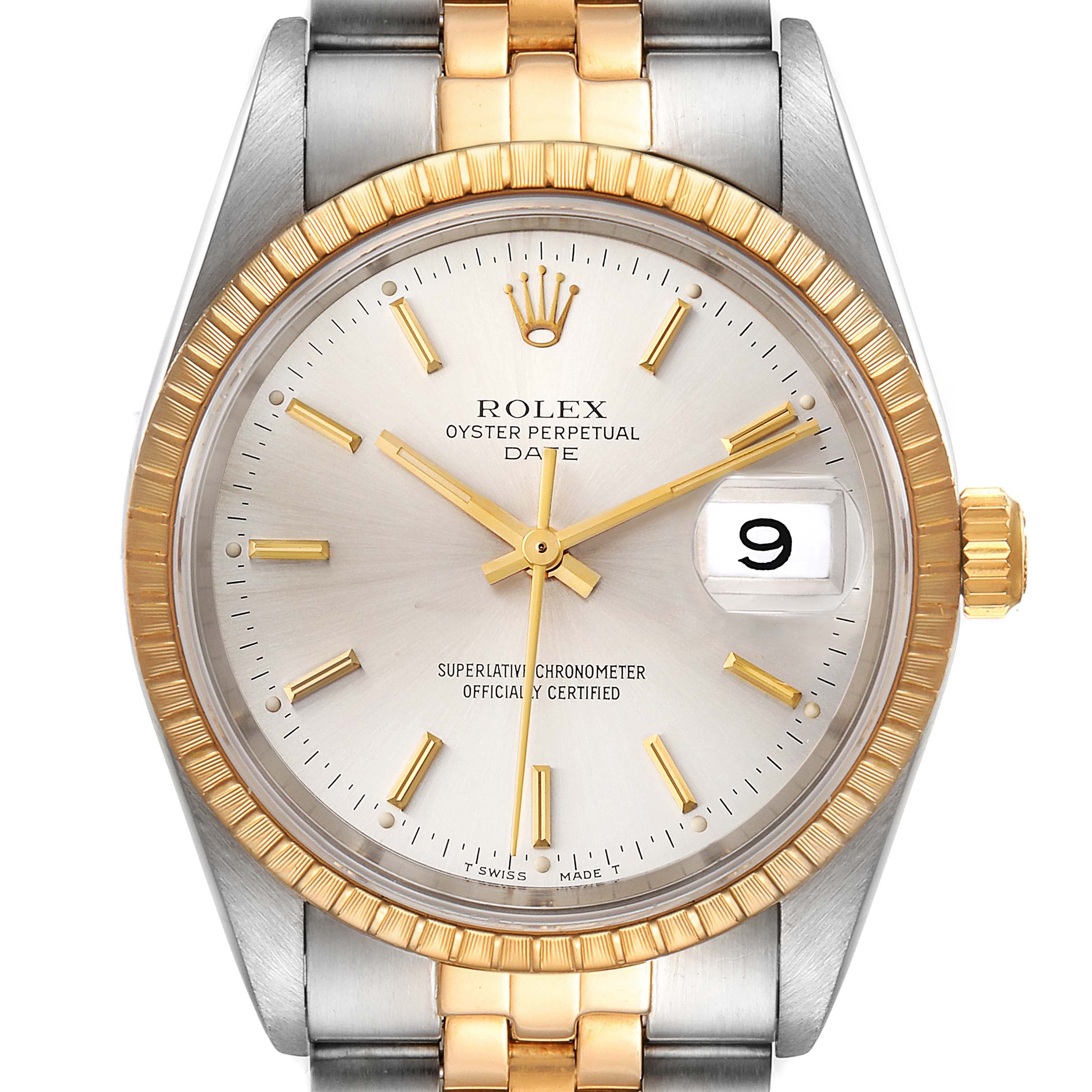 Rolex Date Mens Steel 18k Yellow Gold Silver Dial Watch 15223 NOS Box Papers