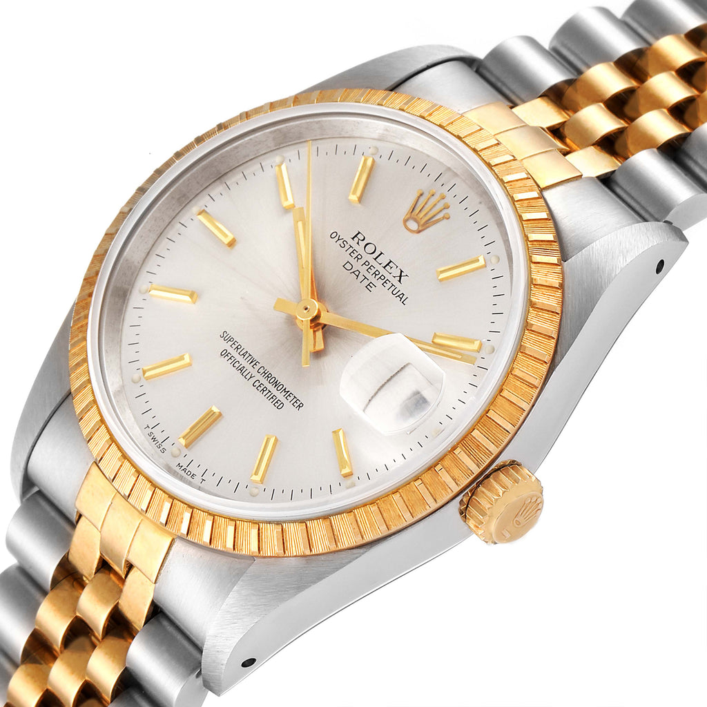 Rolex Date Mens Steel 18k Yellow Gold Silver Dial Watch 15223 NOS Box Papers