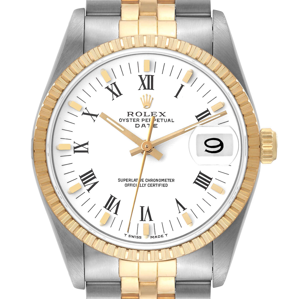 Rolex Date Mens Steel Yellow Gold Engine Turned Bezel Mens Watch 15223