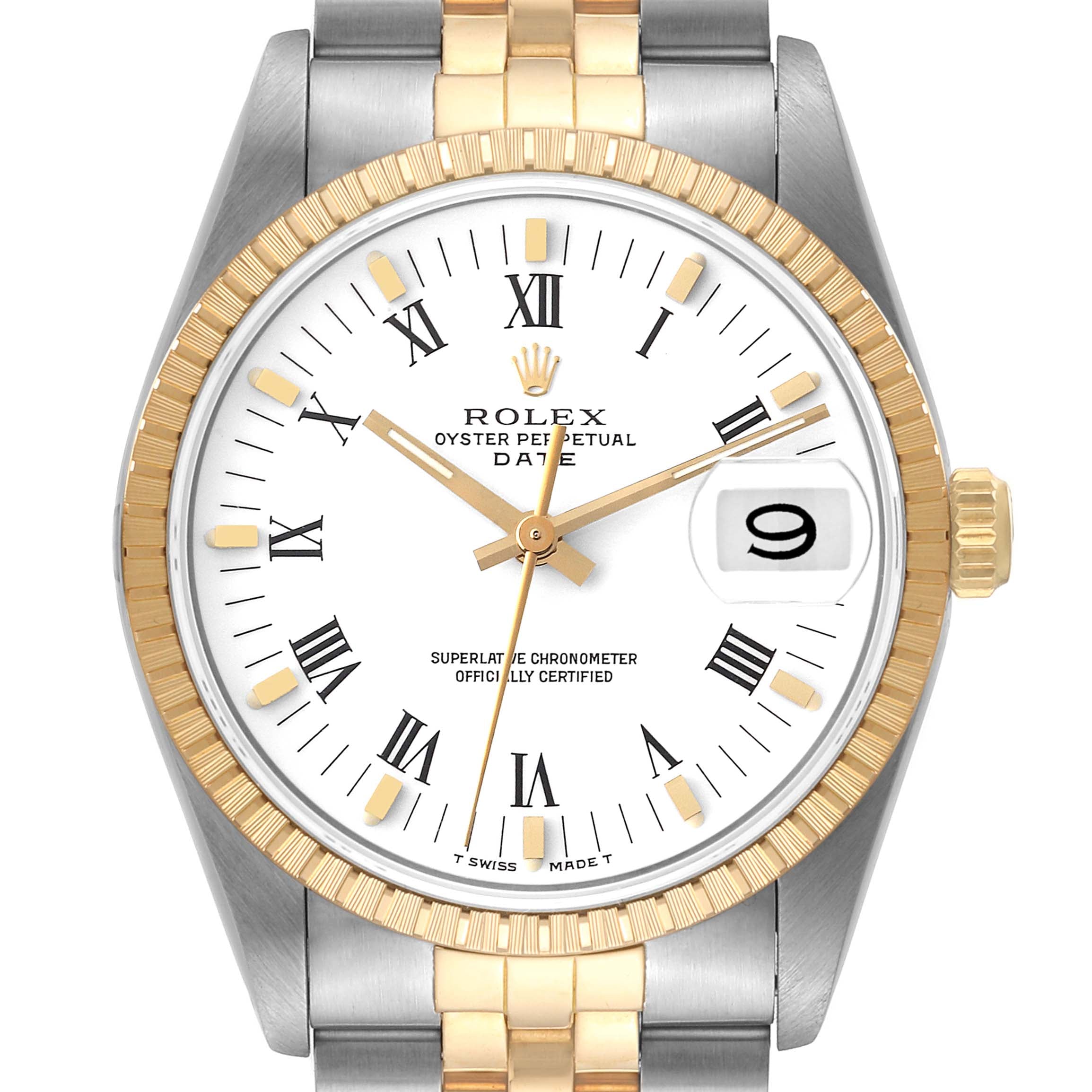 Rolex Date Mens Steel Yellow Gold Engine Turned Bezel Mens Watch 15223