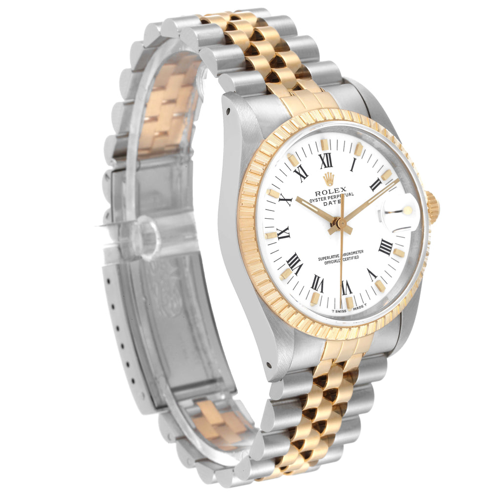 Rolex Date Mens Steel Yellow Gold Engine Turned Bezel Mens Watch 15223