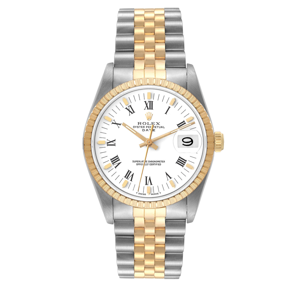 Rolex Date Mens Steel Yellow Gold Engine Turned Bezel Mens Watch 15223