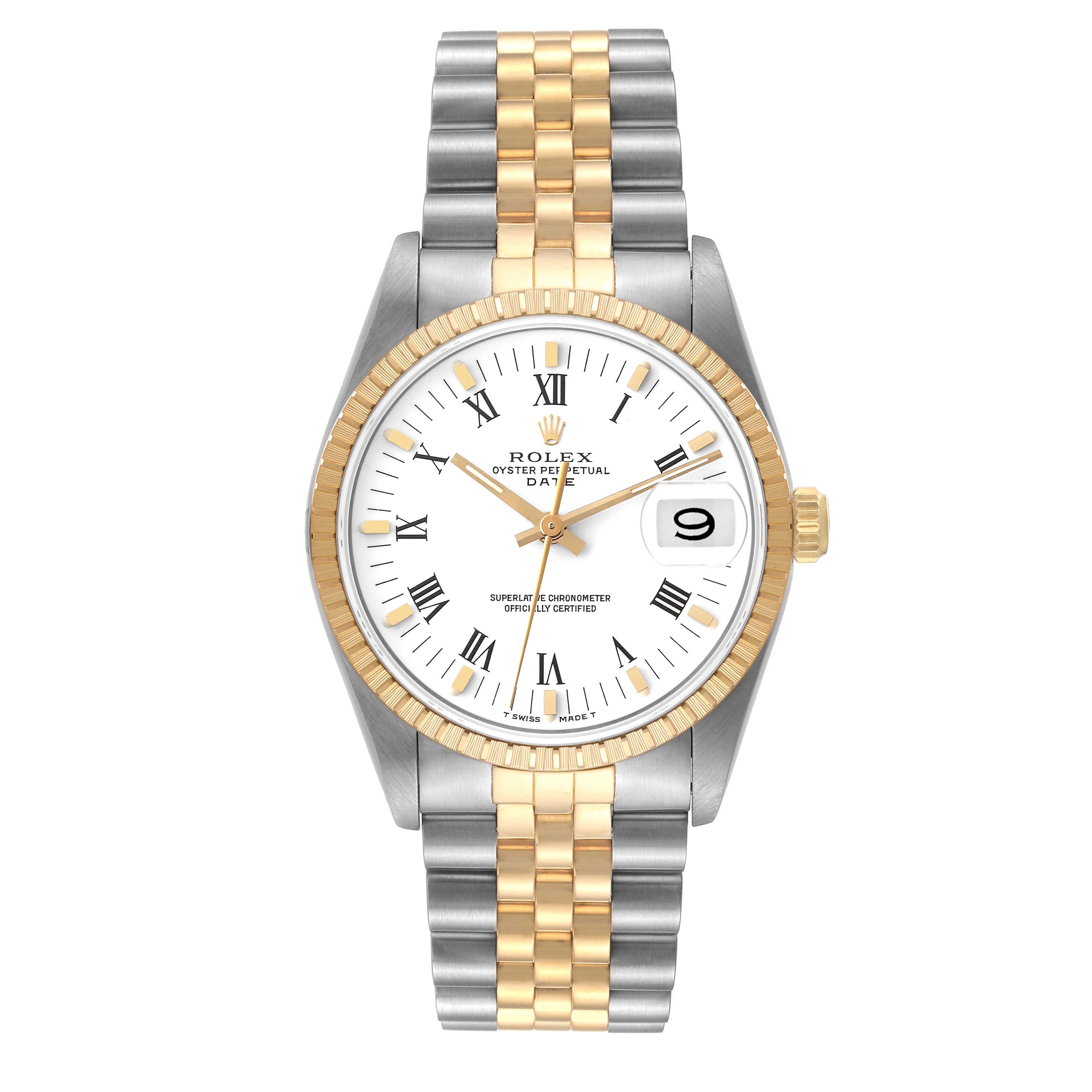 Rolex Date Mens Steel Yellow Gold Engine Turned Bezel Mens Watch 15223