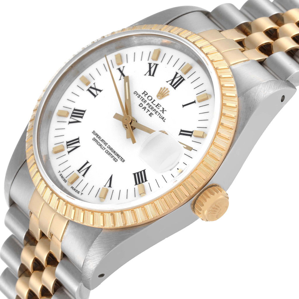 Rolex Date Mens Steel Yellow Gold Engine Turned Bezel Mens Watch 15223
