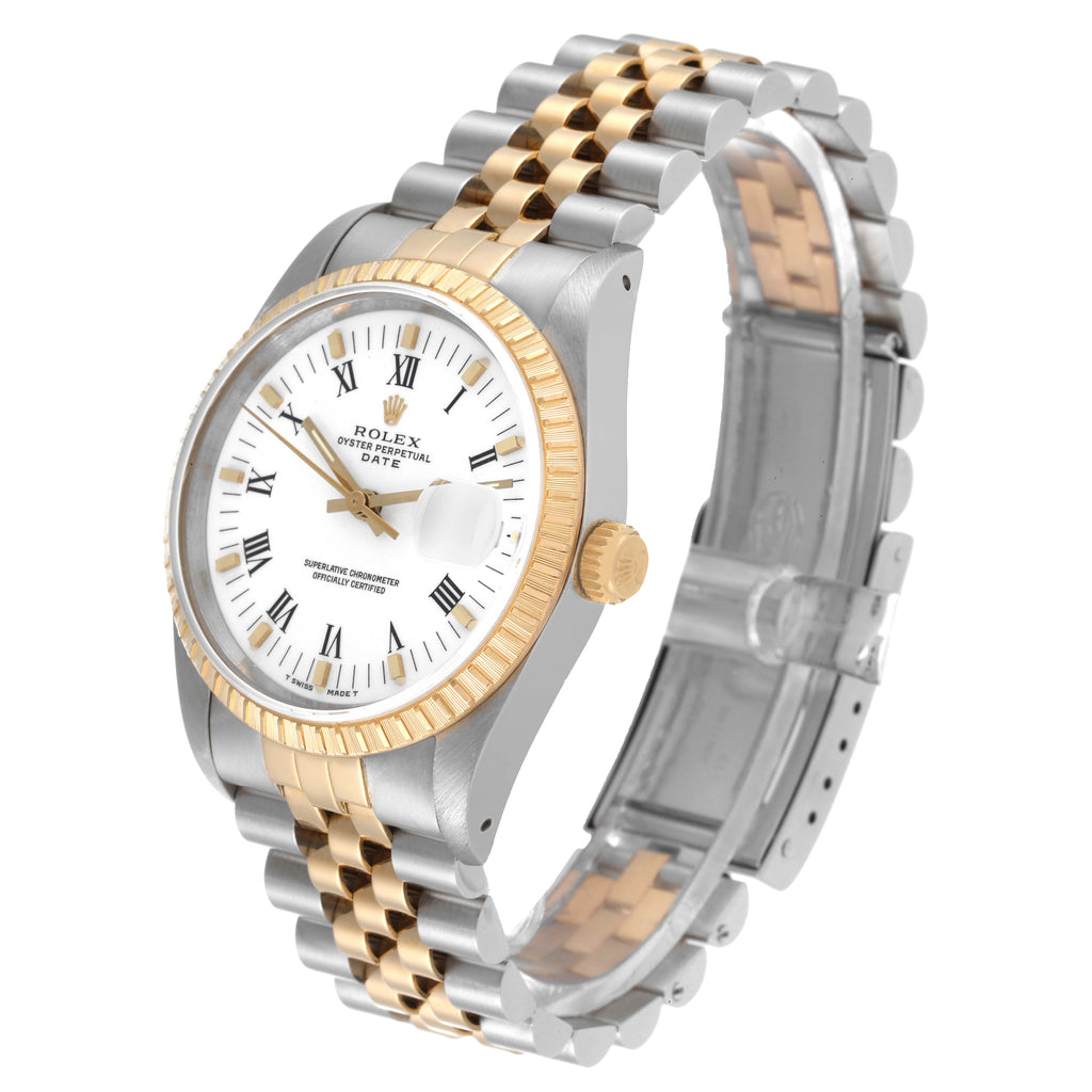 Rolex Date Mens Steel Yellow Gold Engine Turned Bezel Mens Watch 15223