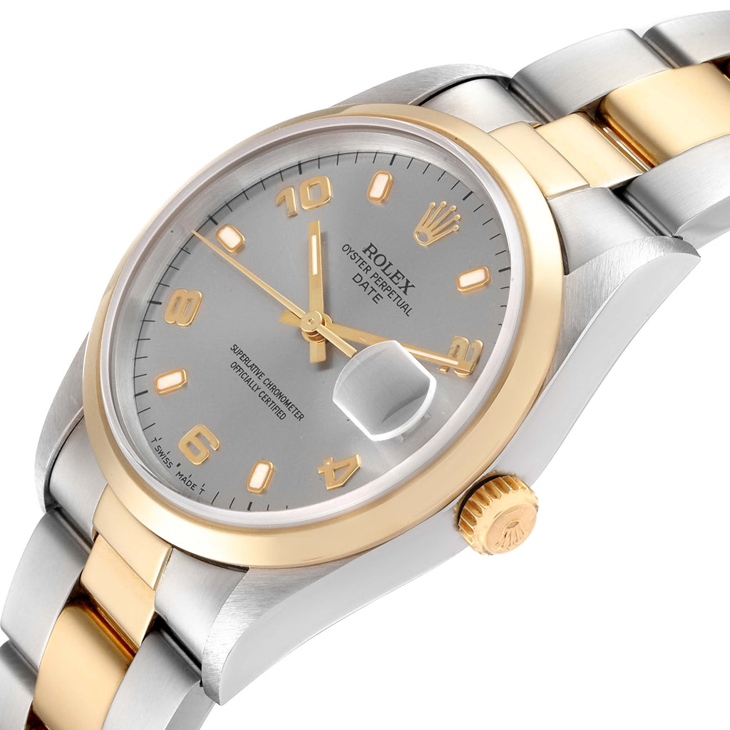 Rolex Date Steel Yellow Gold Slate Dial Mens Watch 15203 Box Papers