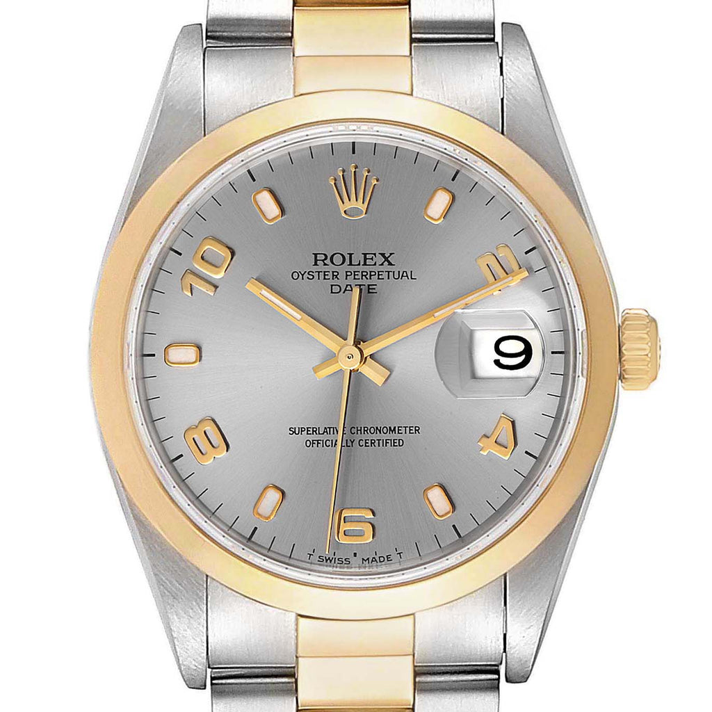 Rolex Date Steel Yellow Gold Slate Dial Mens Watch 15203 Box Papers