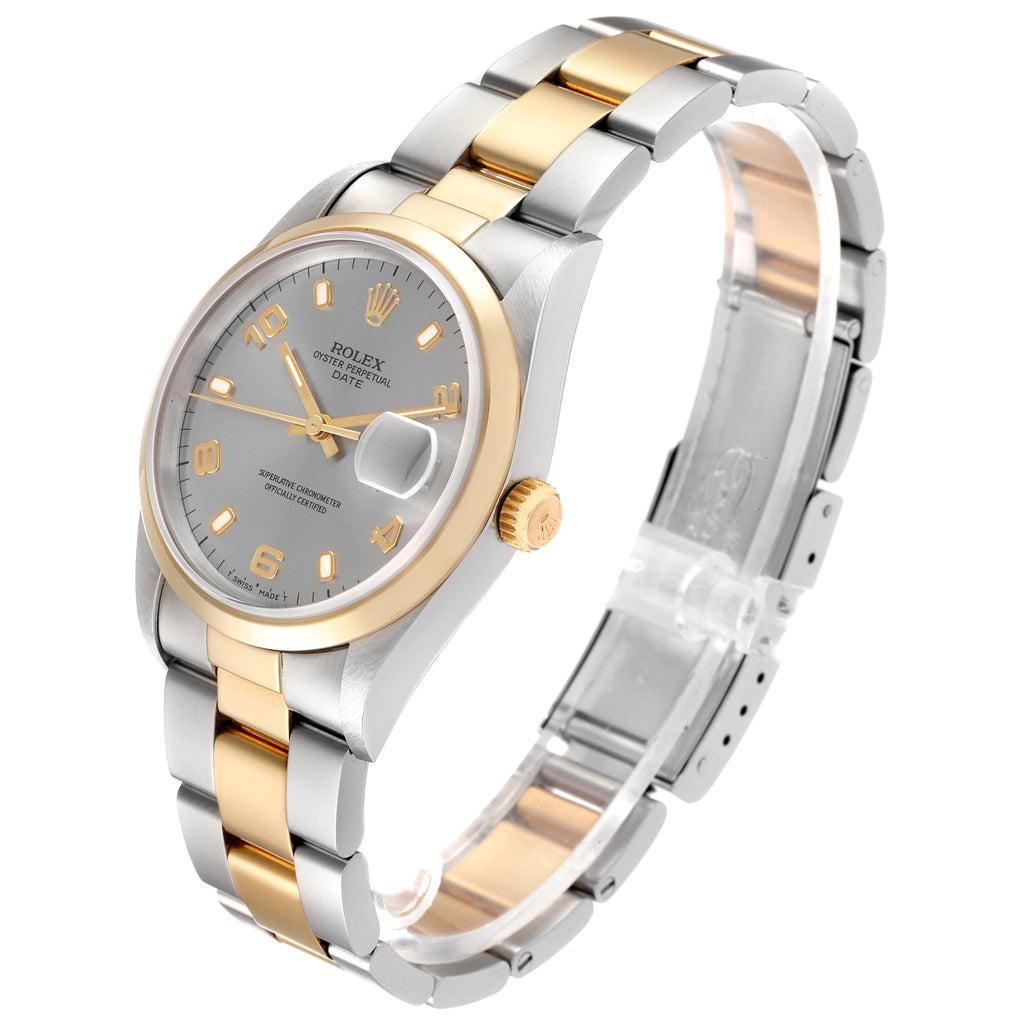 Rolex Date Steel Yellow Gold Slate Dial Mens Watch 15203 Box Papers