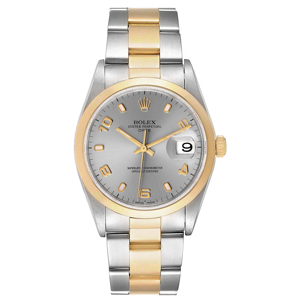 Rolex Date Steel Yellow Gold Slate Dial Mens Watch 15203 Box Papers
