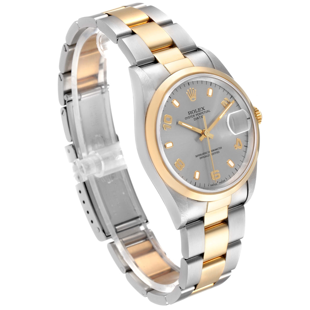 Rolex Date Steel Yellow Gold Slate Dial Mens Watch 15203 Box Papers