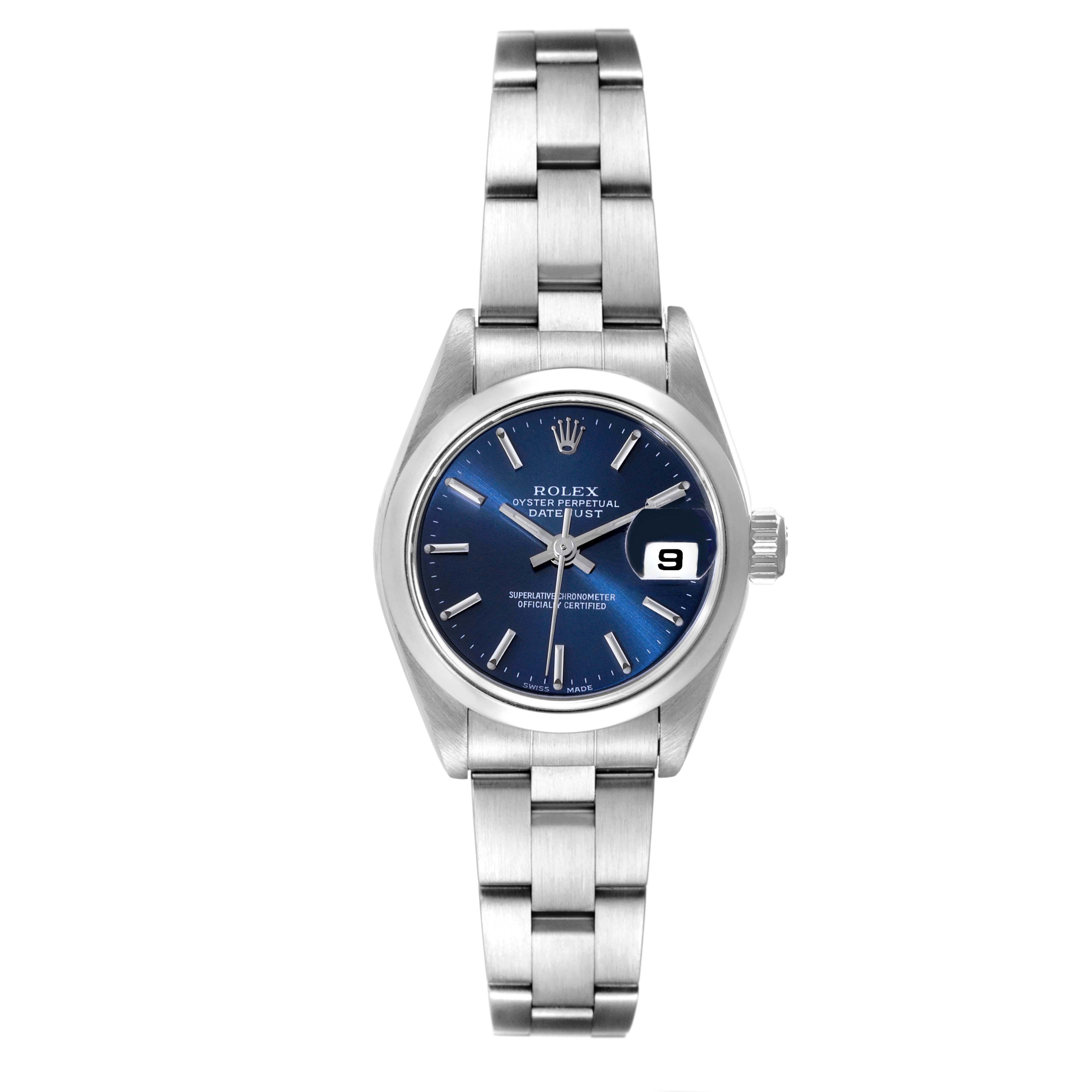 Rolex Date Oyster Bracelet Blue Dial Steel Ladies Watch 69160 Box Papers