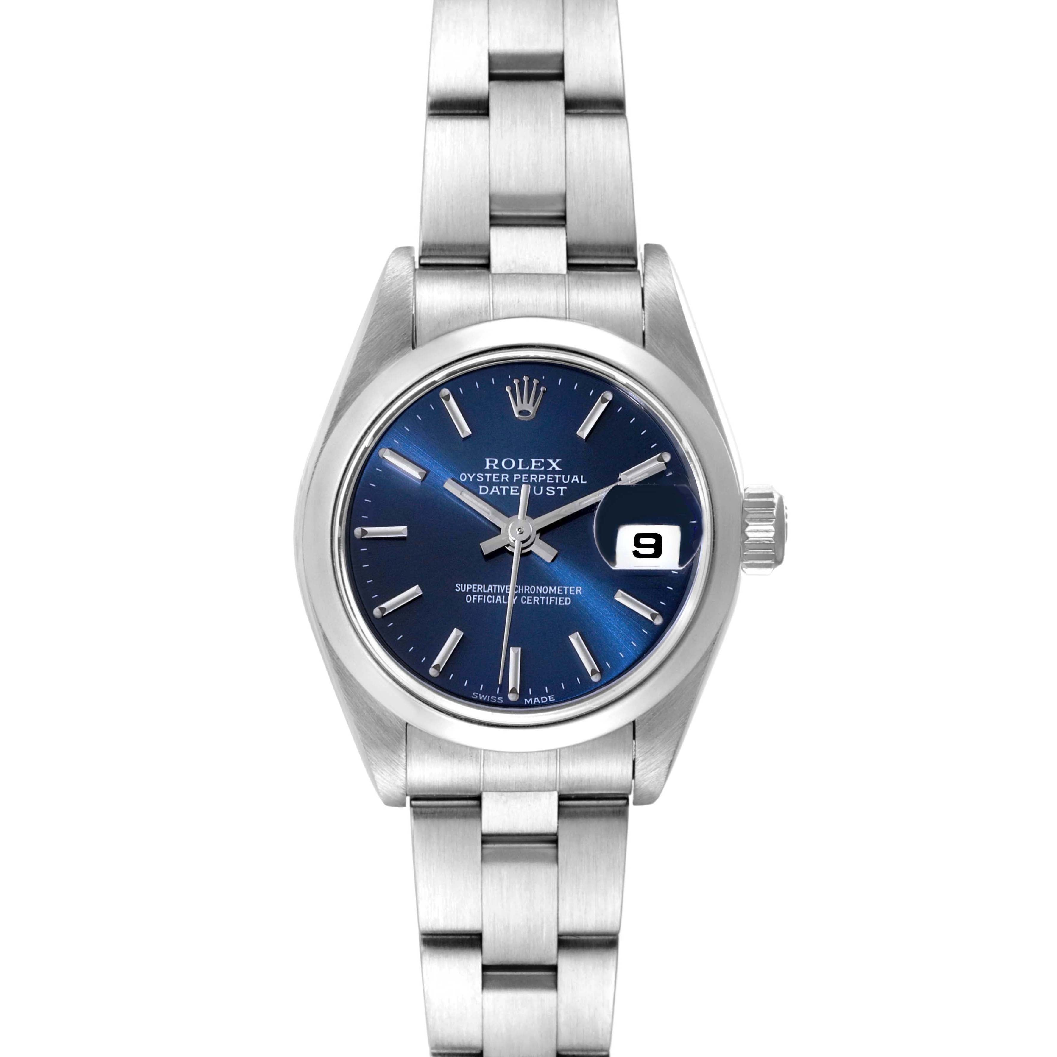 Rolex Date Oyster Bracelet Blue Dial Steel Ladies Watch 69160 Box Papers