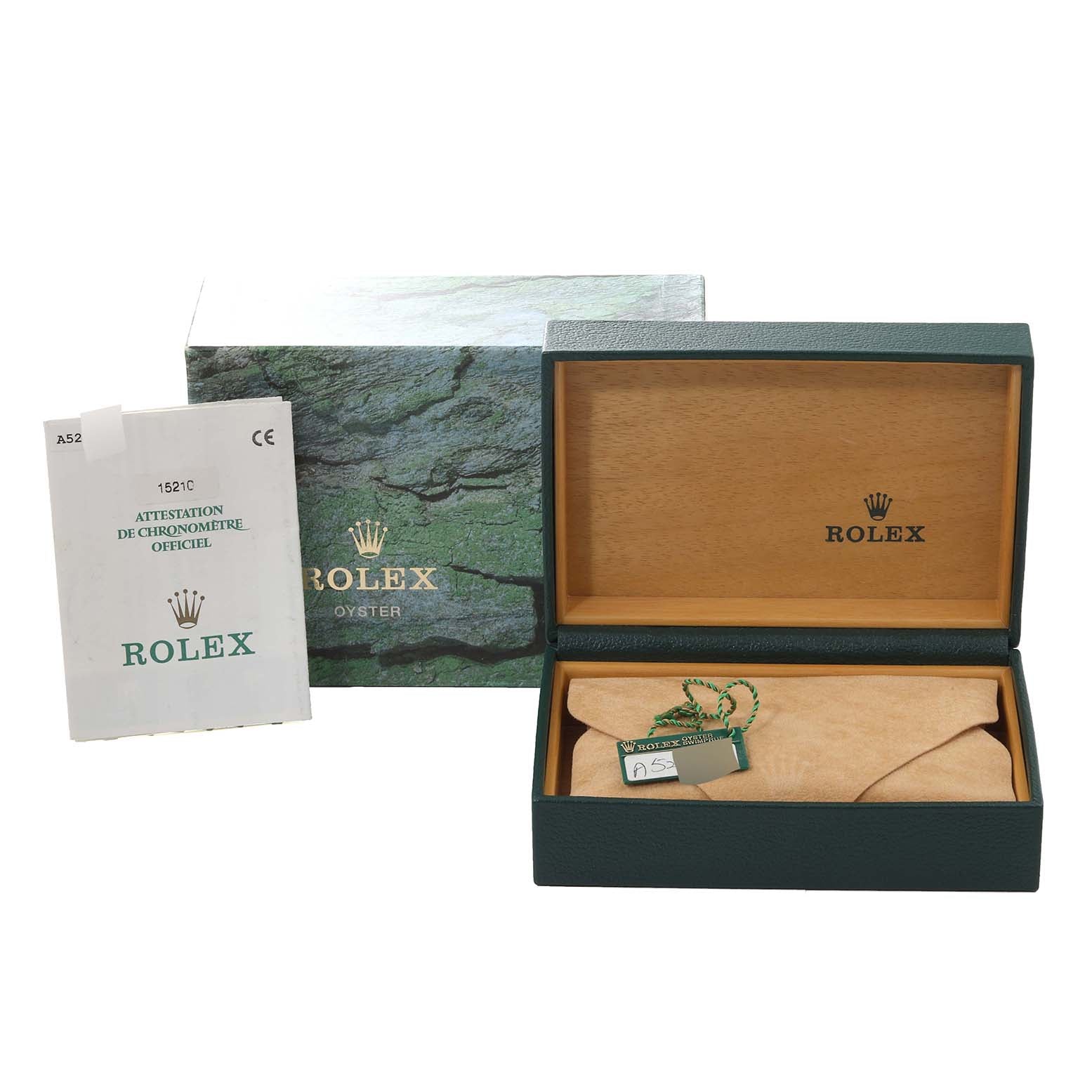 Rolex Date Salmon Dial Engine Turned Bezel Steel Mens Watch 15210 Box Papers