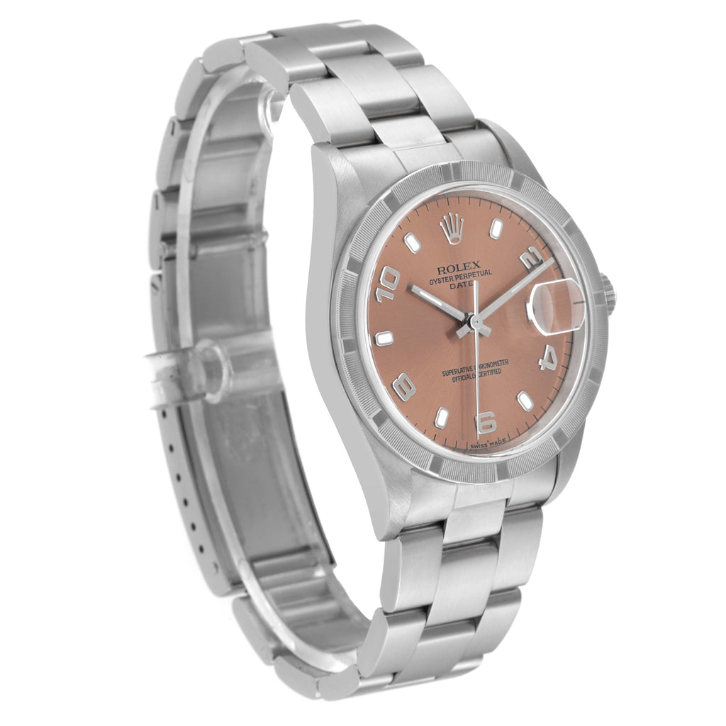 Rolex Date Salmon Dial Engine Turned Bezel Steel Mens Watch 15210 Box Papers