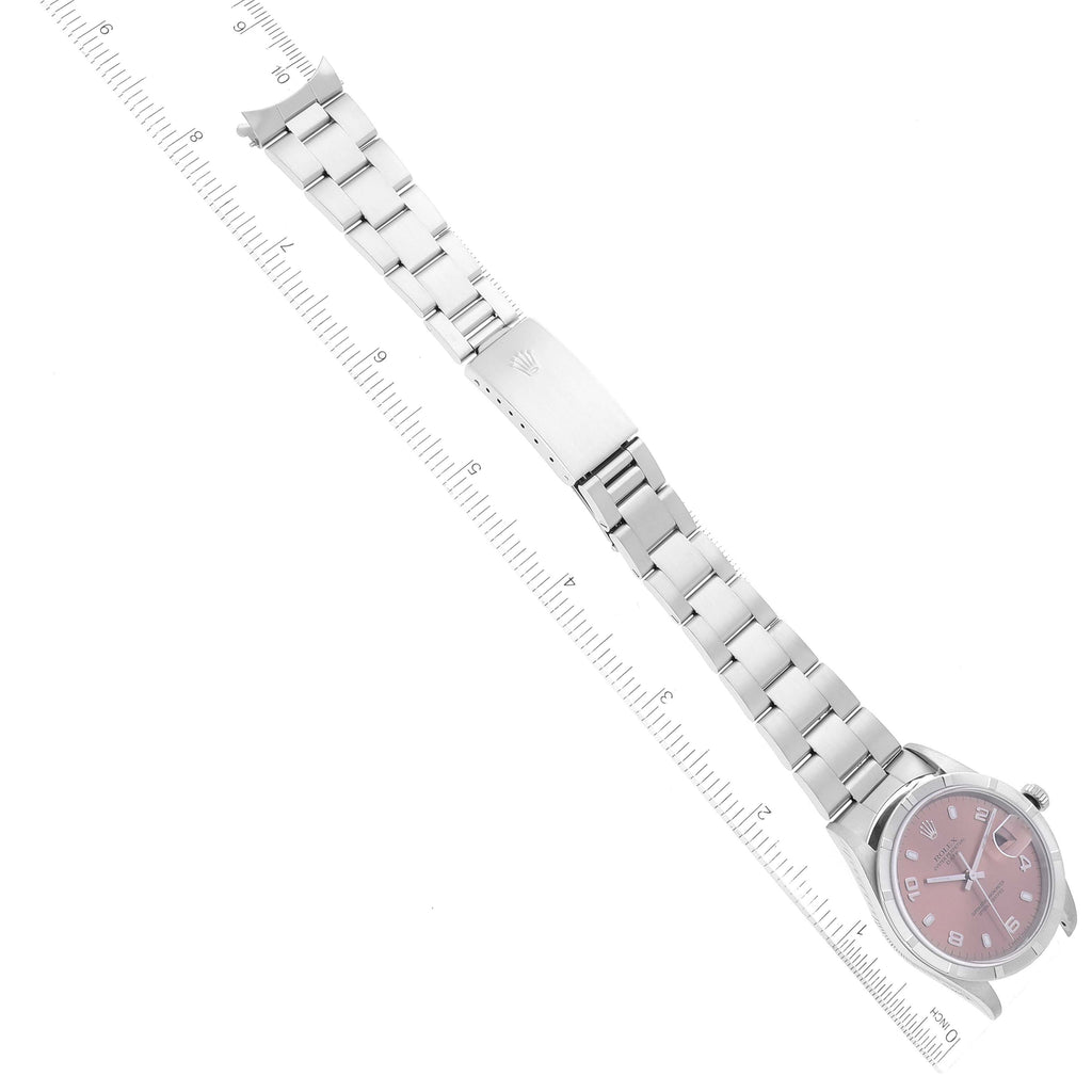 Rolex Date Salmon Dial Engine Turned Bezel Steel Mens Watch 15210 Box Papers