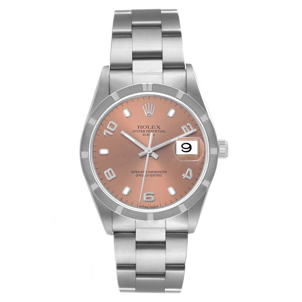 Rolex Date Salmon Dial Engine Turned Bezel Steel Mens Watch 15210 Box Papers