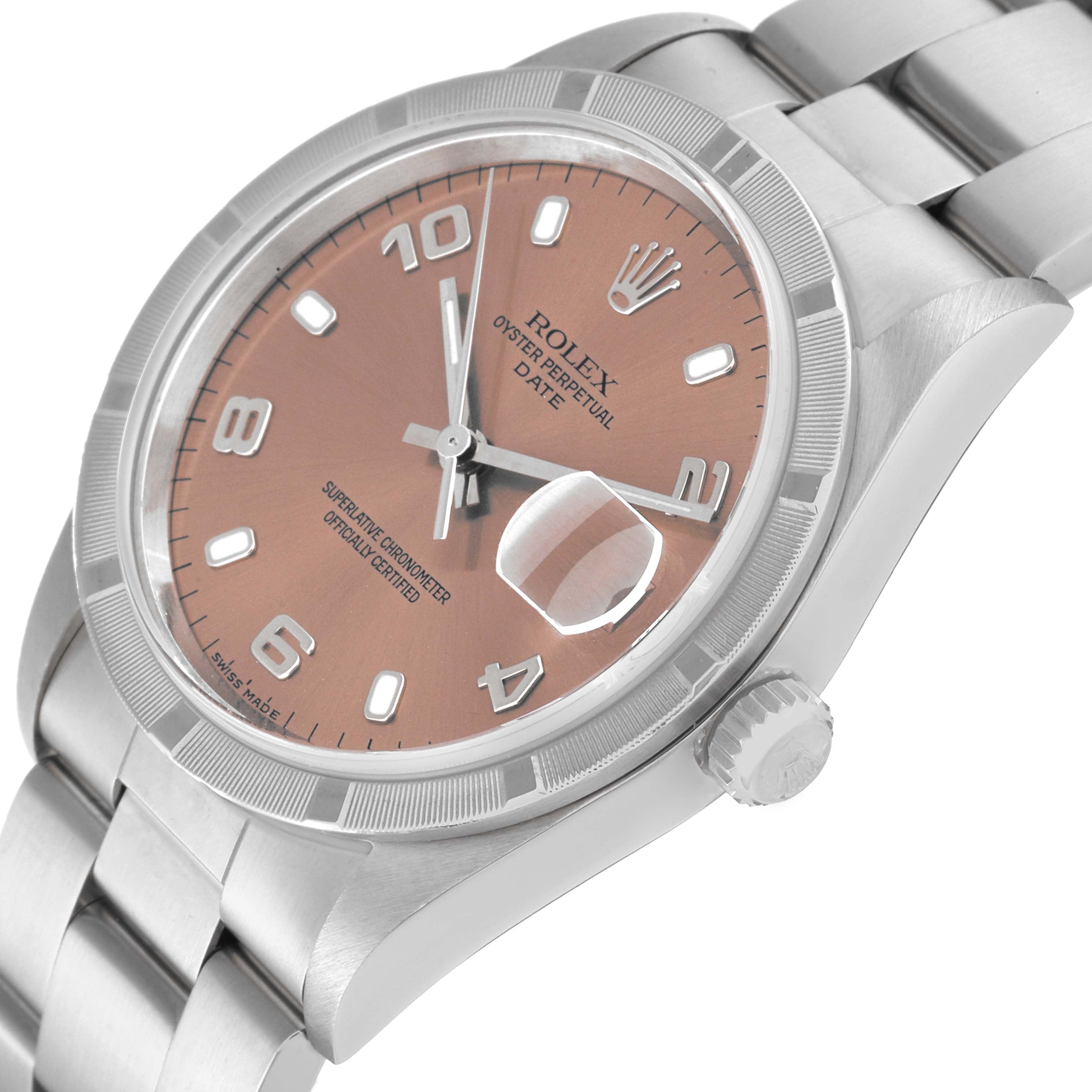 Rolex Date Salmon Dial Engine Turned Bezel Steel Mens Watch 15210 Box Papers