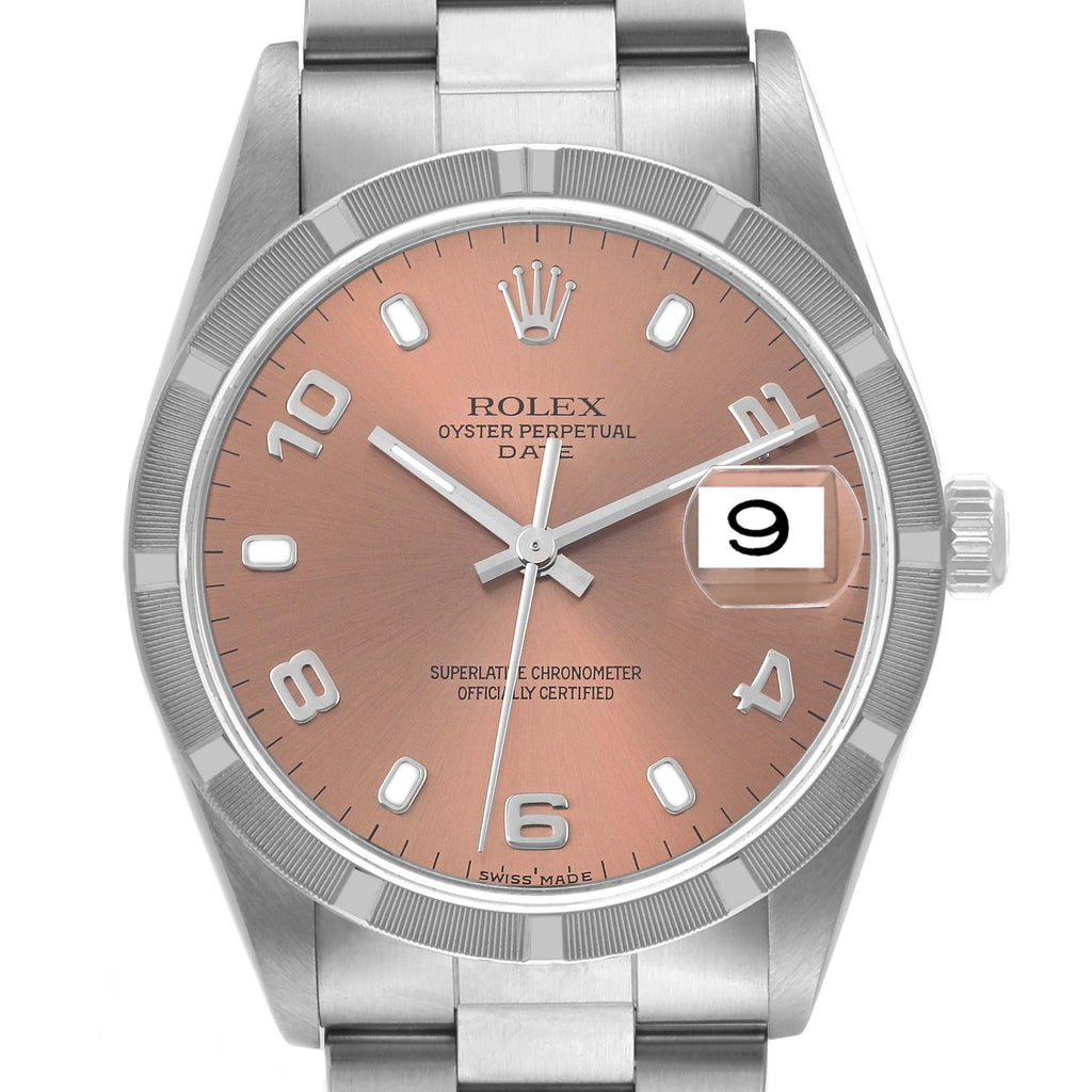 Rolex Date Salmon Dial Engine Turned Bezel Steel Mens Watch 15210 Box Papers
