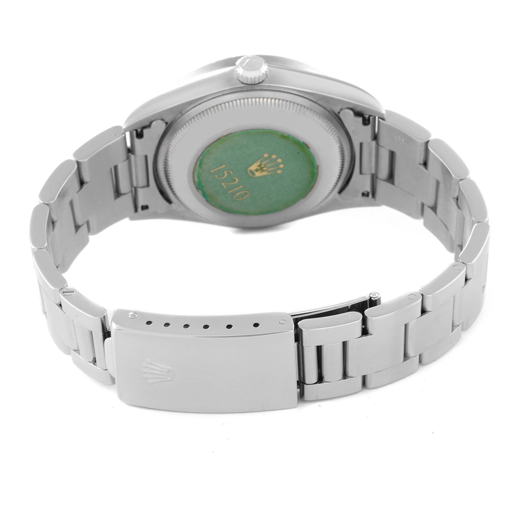 Rolex Date Salmon Dial Engine Turned Bezel Steel Mens Watch 15210 Box Papers