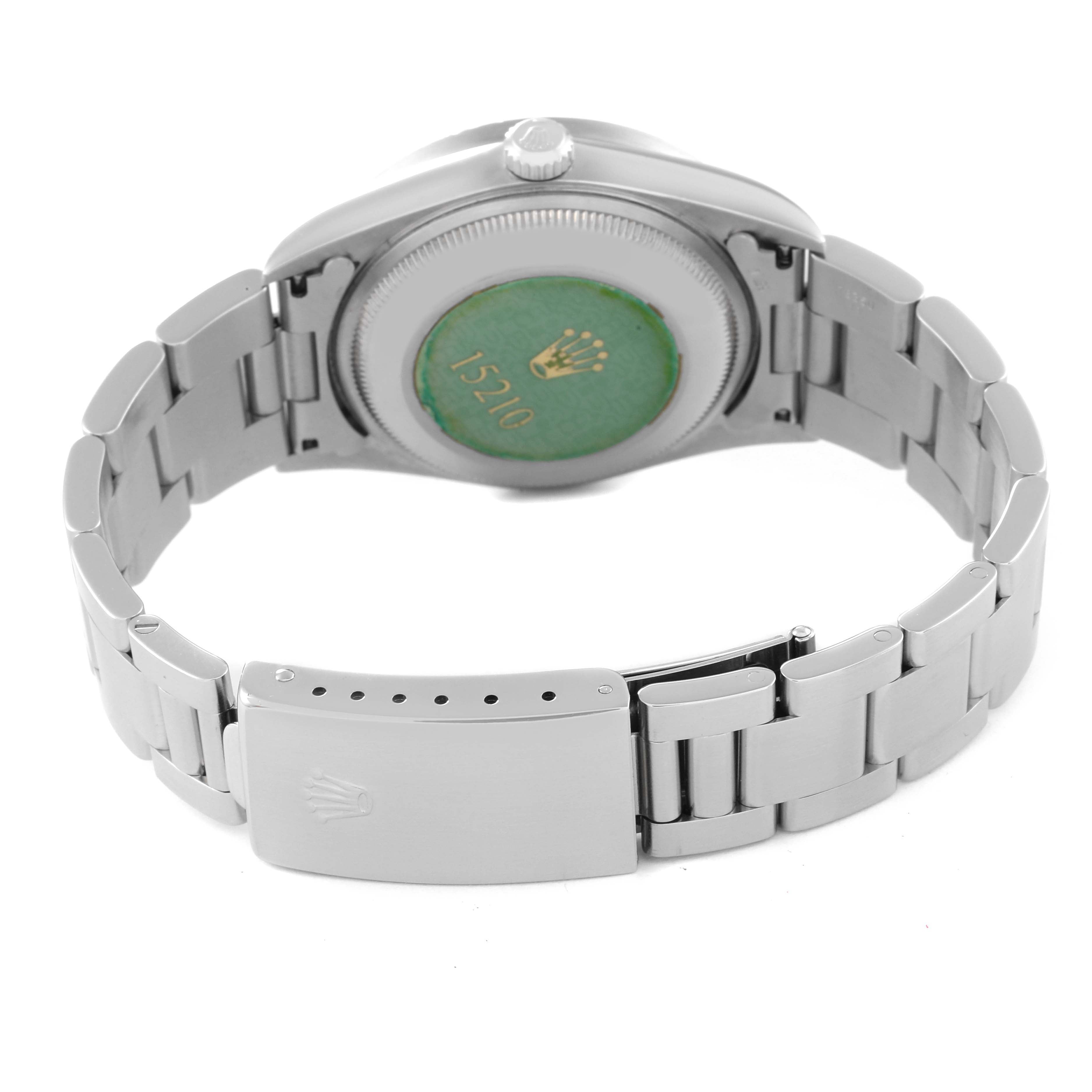 Rolex Date Salmon Dial Engine Turned Bezel Steel Mens Watch 15210 Box Papers