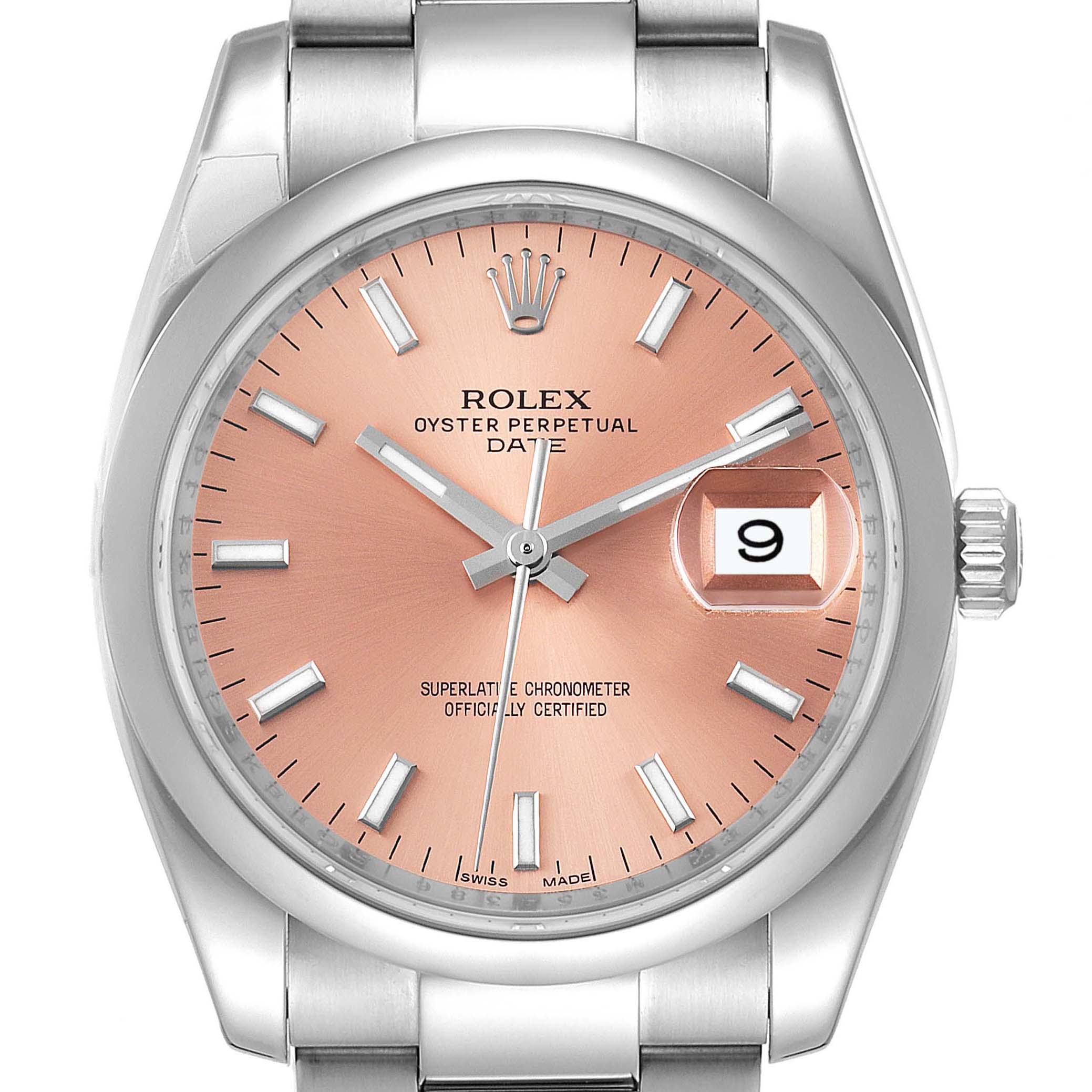 Rolex Date Pink Dial Oyster Bracelet Steel Mens Watch 115200 Unworn