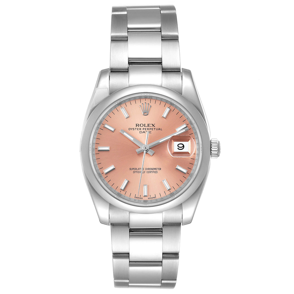 Rolex Date Pink Dial Oyster Bracelet Steel Mens Watch 115200 Unworn