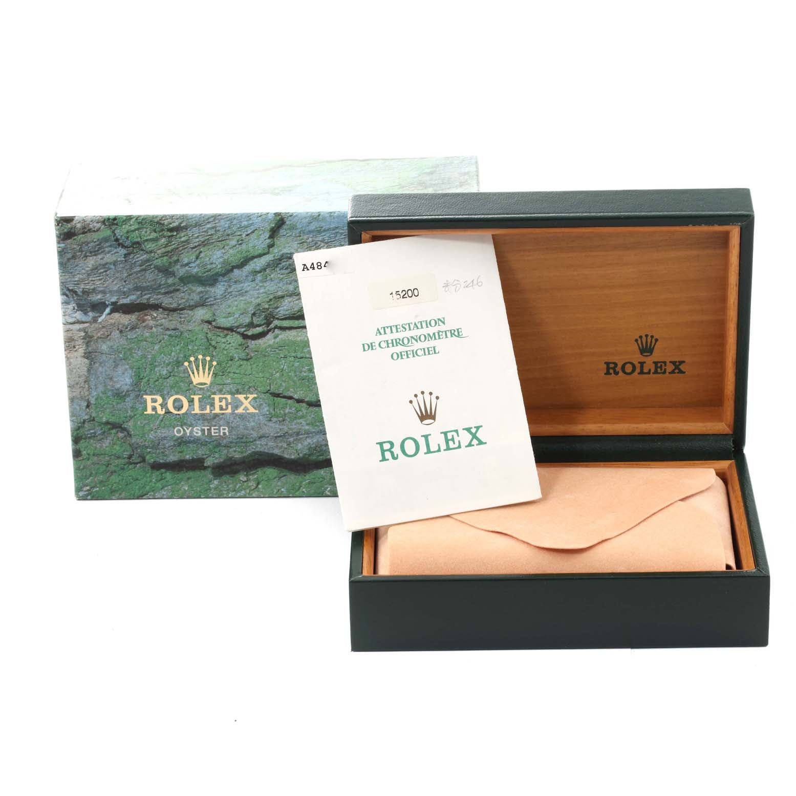 Rolex Date Salmon Dial Oyster Bracelet Steel Mens Watch 15200 Box Papers