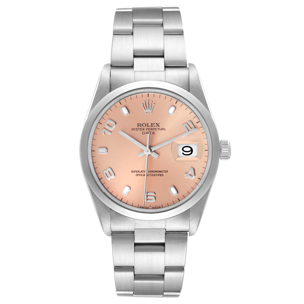 Rolex Date Salmon Dial Oyster Bracelet Steel Mens Watch 15200 Box Papers