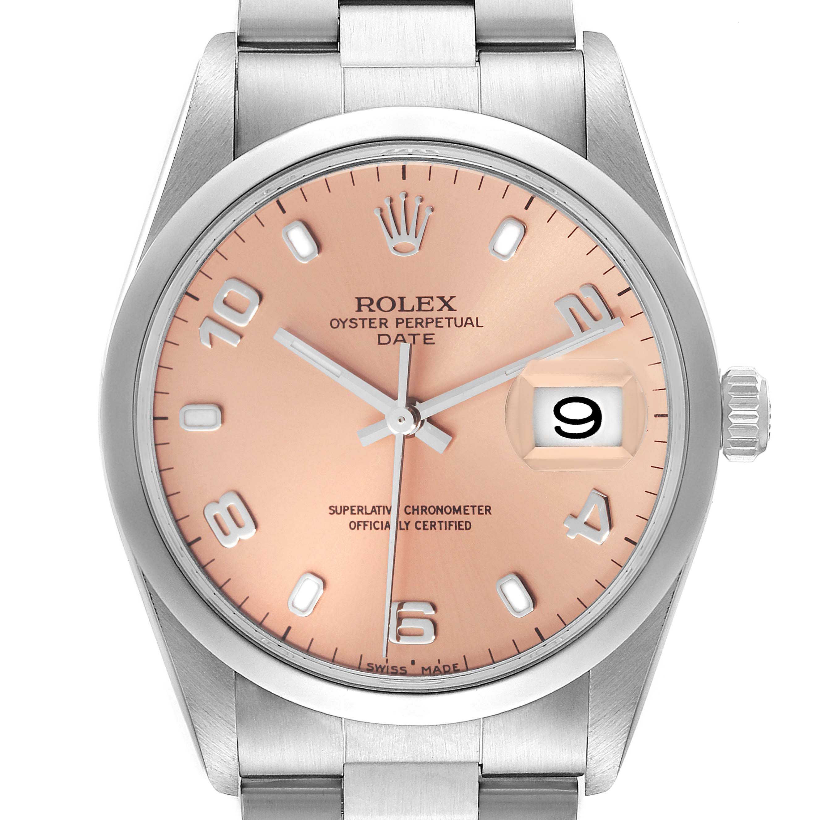 Rolex Date Salmon Dial Oyster Bracelet Steel Mens Watch 15200 Box Papers
