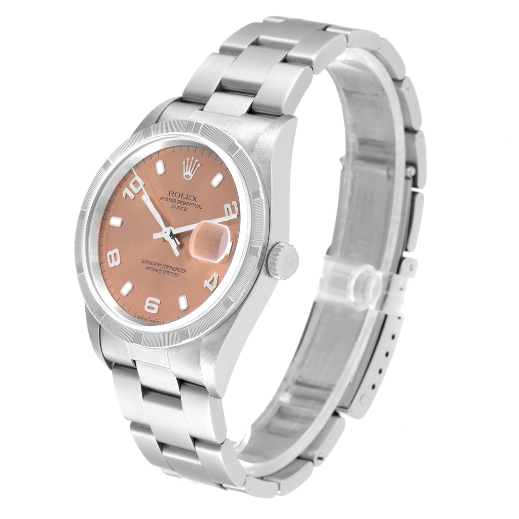 Rolex Date Salmon Dial Oyster Bracelet Steel Mens Watch 15210 Box Papers