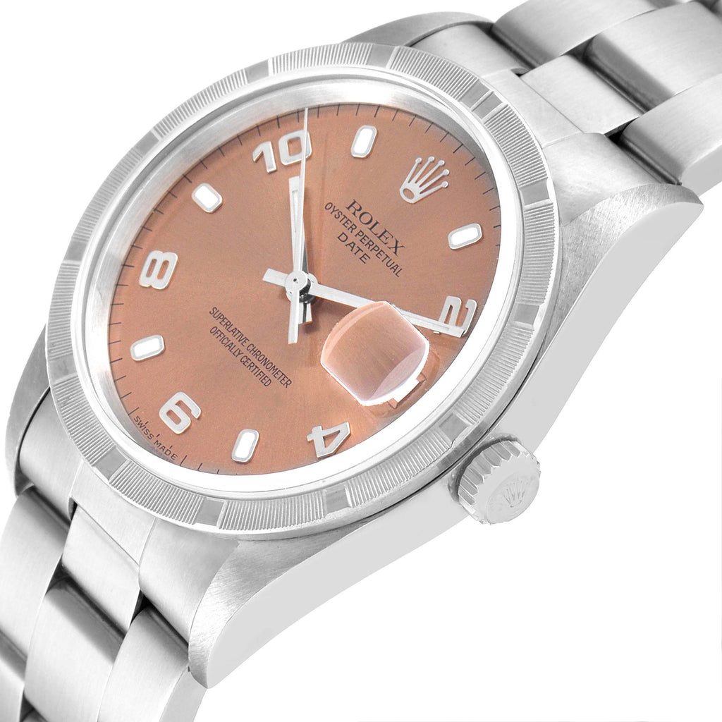 Rolex Date Salmon Dial Oyster Bracelet Steel Mens Watch 15210 Box Papers