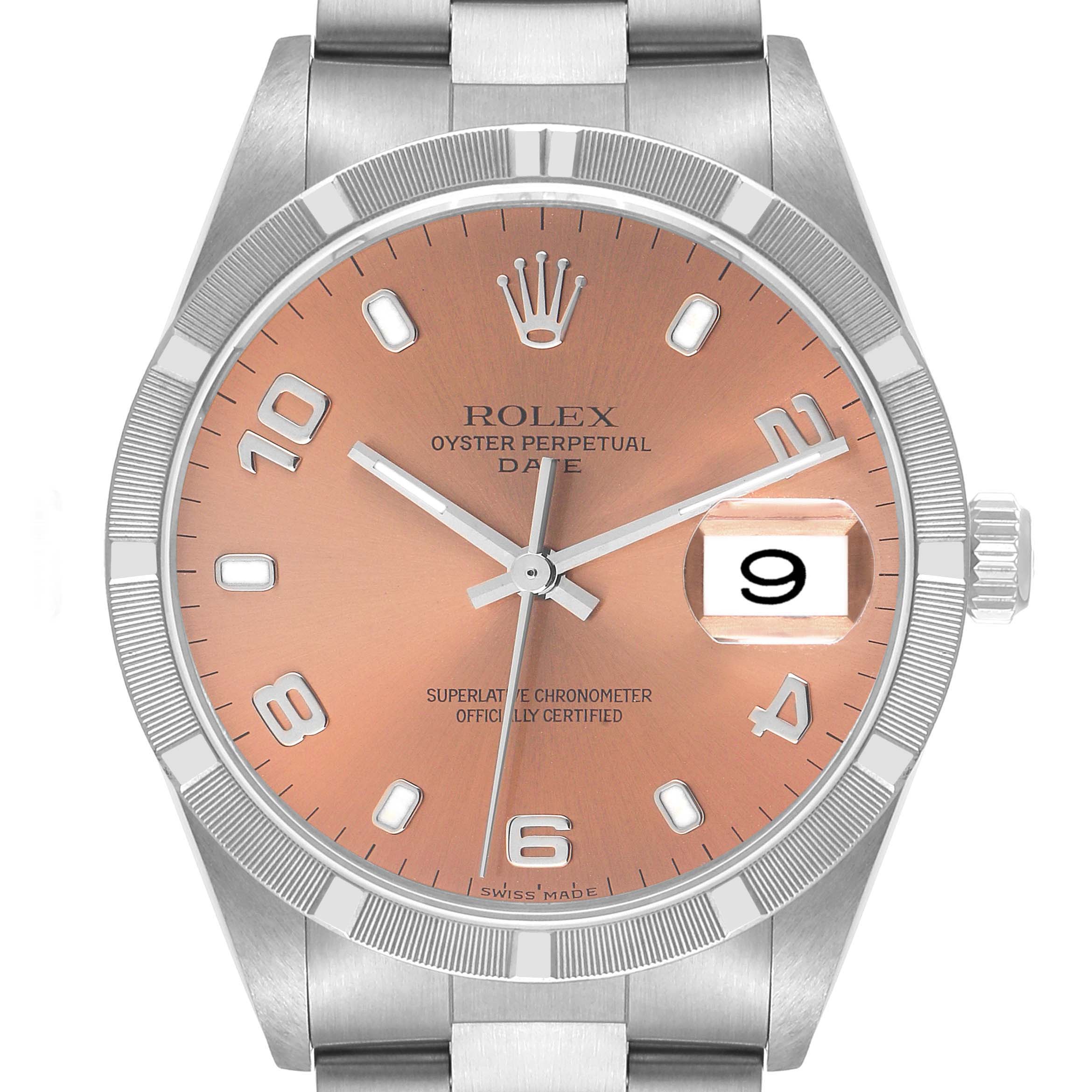 Rolex Date Salmon Dial Oyster Bracelet Steel Mens Watch 15210 Box Papers