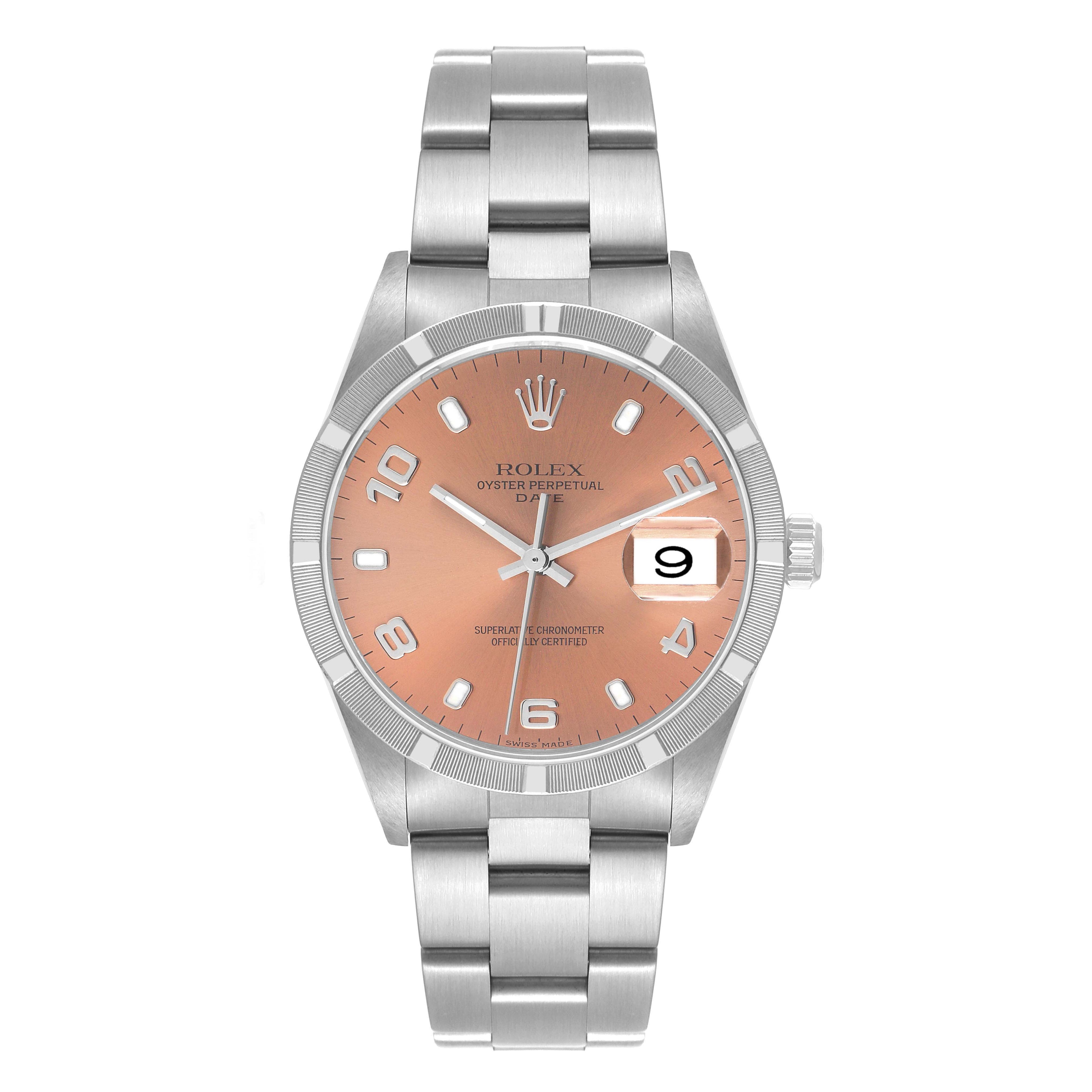 Rolex Date Salmon Dial Oyster Bracelet Steel Mens Watch 15210 Box Papers