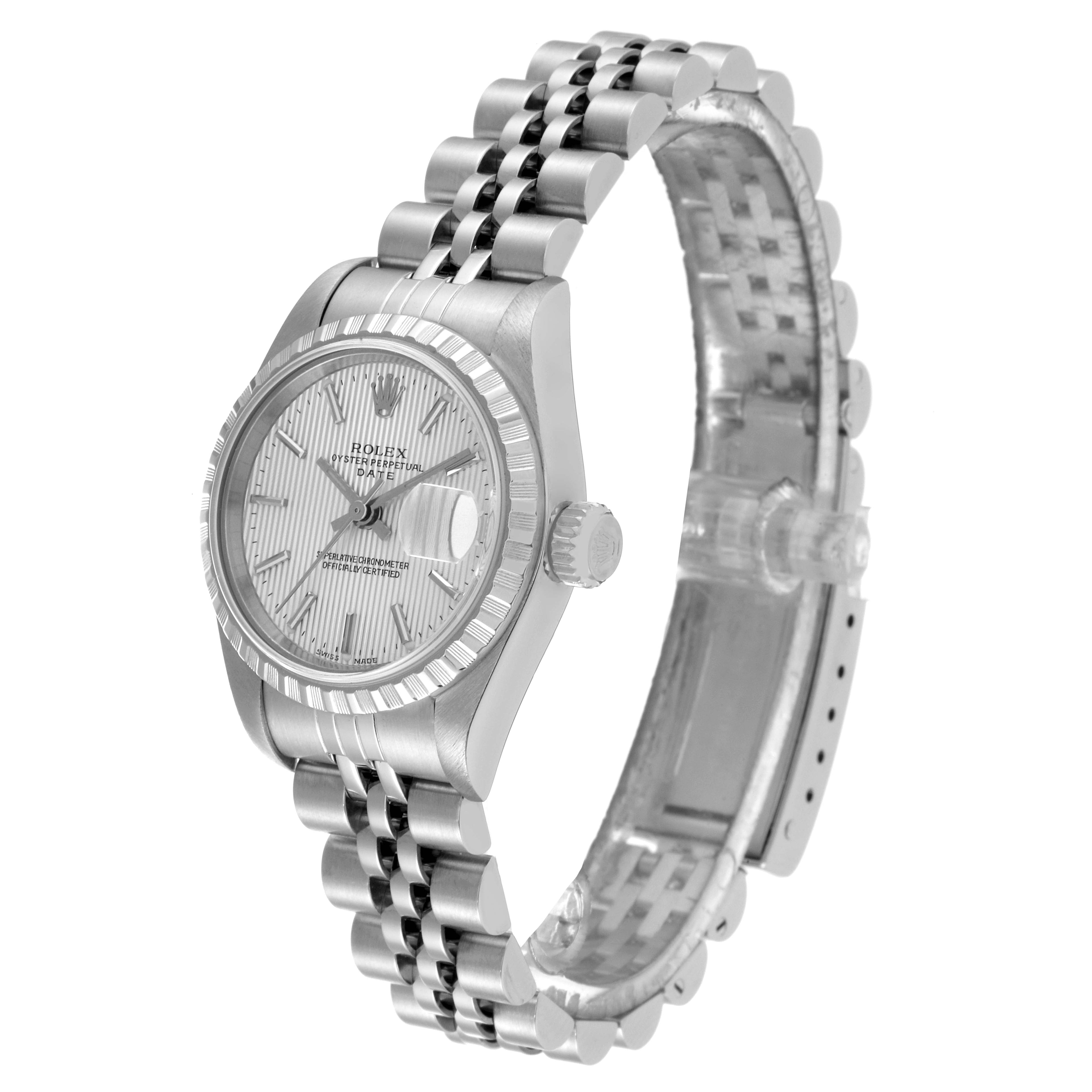 Rolex Date Silver Tapestry Dial Jubilee Bracelet Ladies Watch 79240 Box Papers