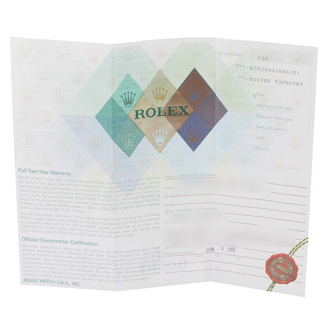 Rolex Date Silver Tapestry Dial Jubilee Bracelet Ladies Watch 79240 Box Papers