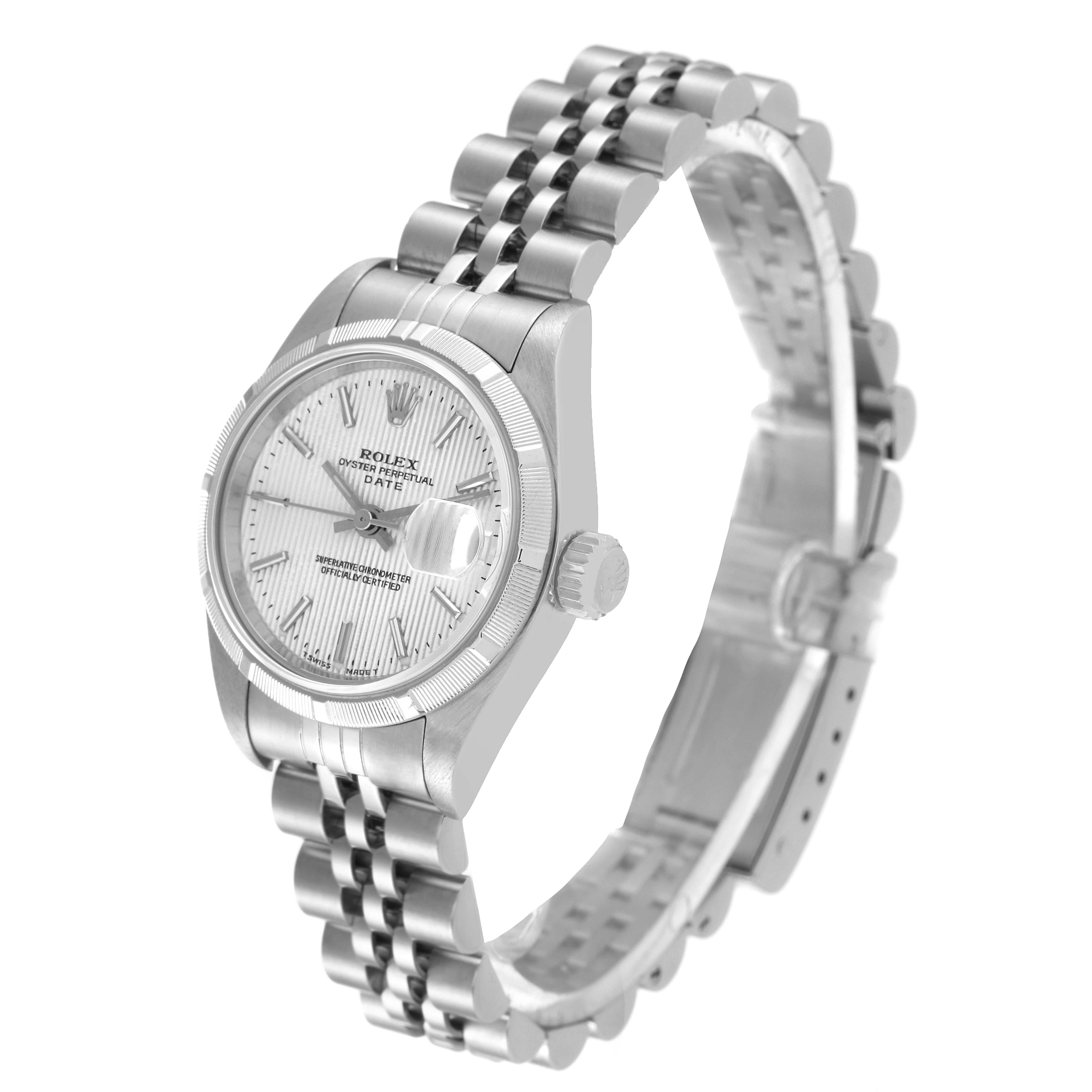 Rolex Date Silver Tapestry Dial Steel Ladies Watch 69190 Box Papers