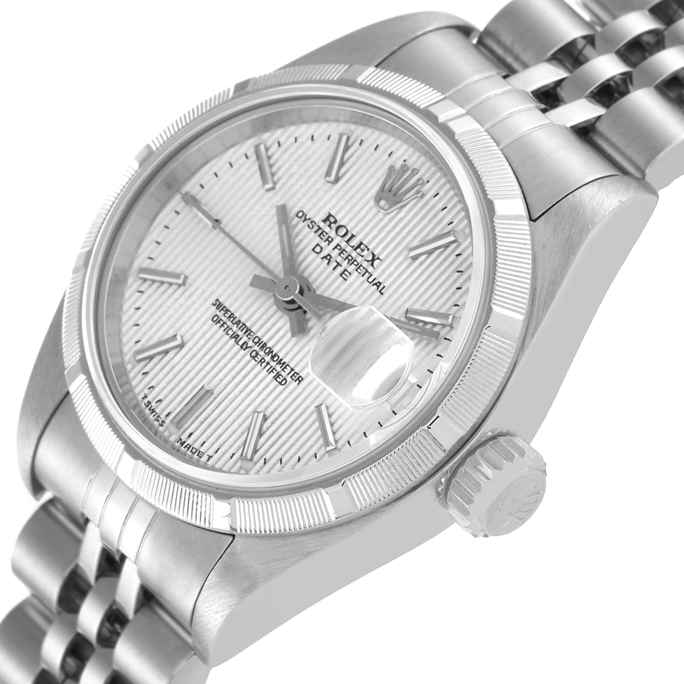 Rolex Date Silver Tapestry Dial Steel Ladies Watch 69190 Box Papers