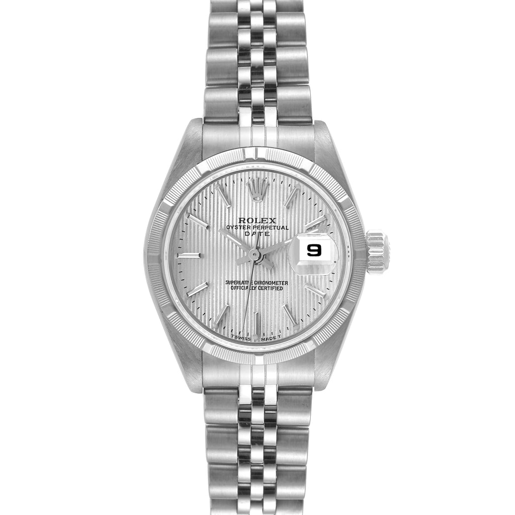 Rolex Date Silver Tapestry Dial Steel Ladies Watch 69190 Box Papers