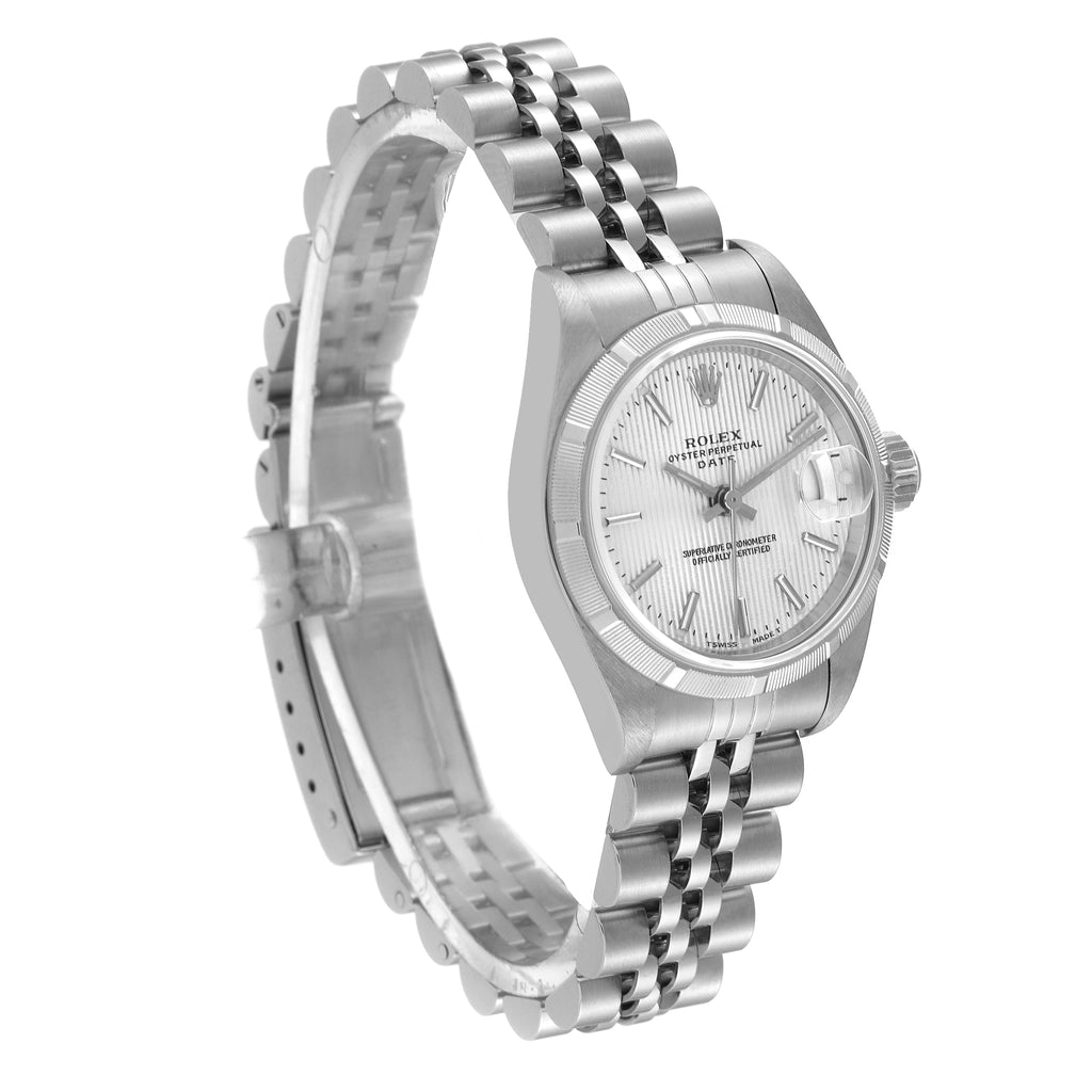 Rolex Date Silver Tapestry Dial Steel Ladies Watch 69190 Box Papers