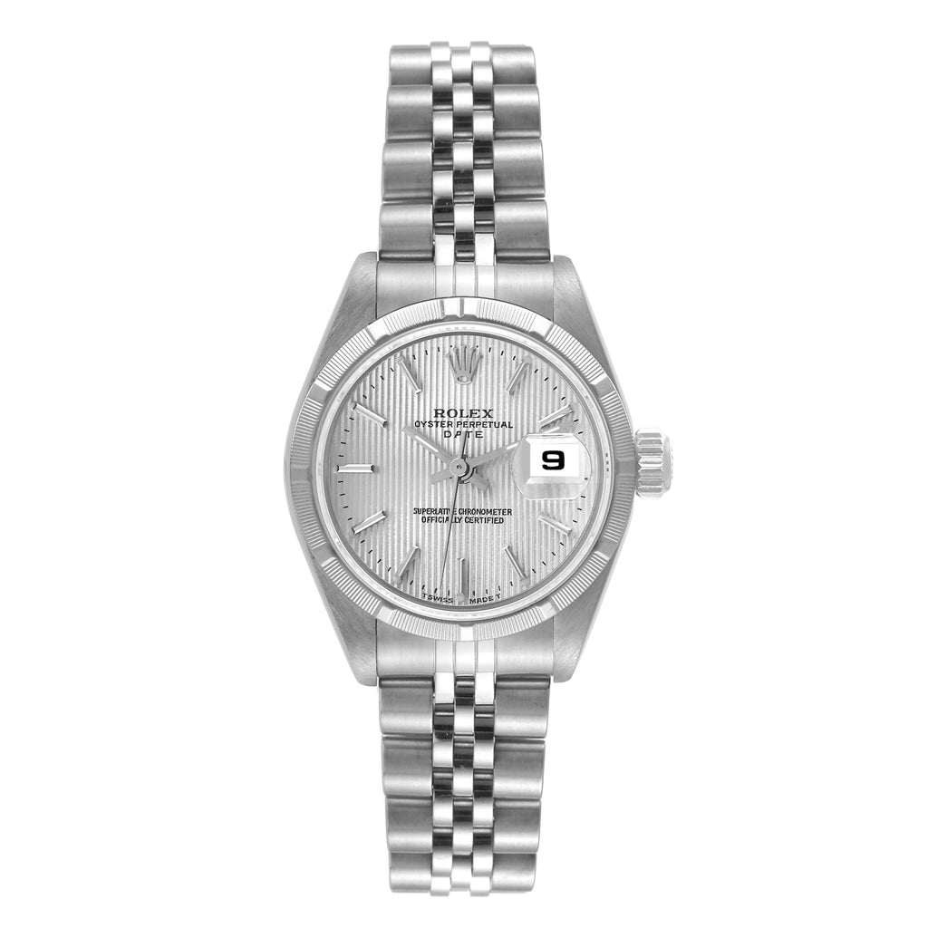 Rolex Date Silver Tapestry Dial Steel Ladies Watch 69190 Box Papers