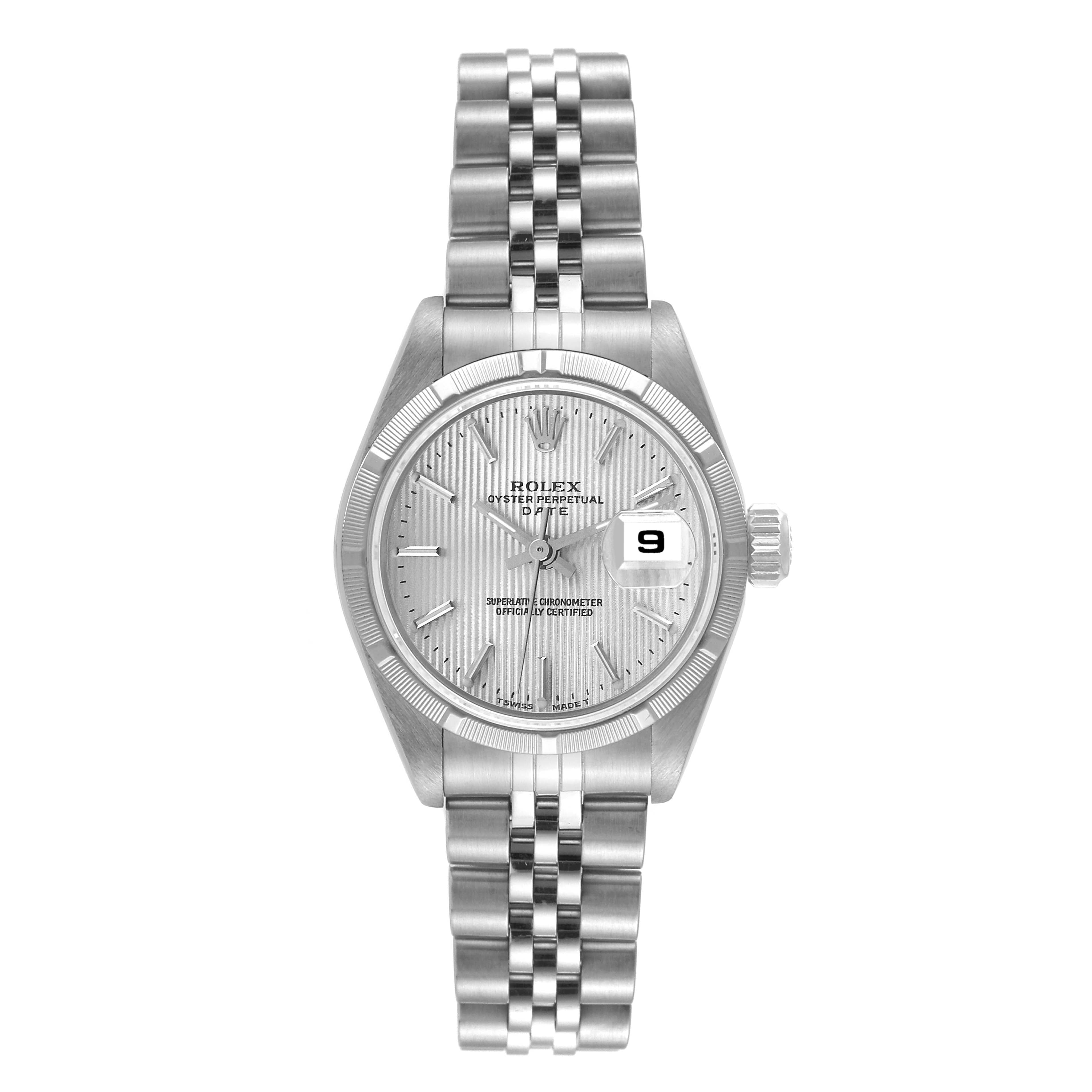 Rolex Date Silver Tapestry Dial Steel Ladies Watch 69190 Box Papers