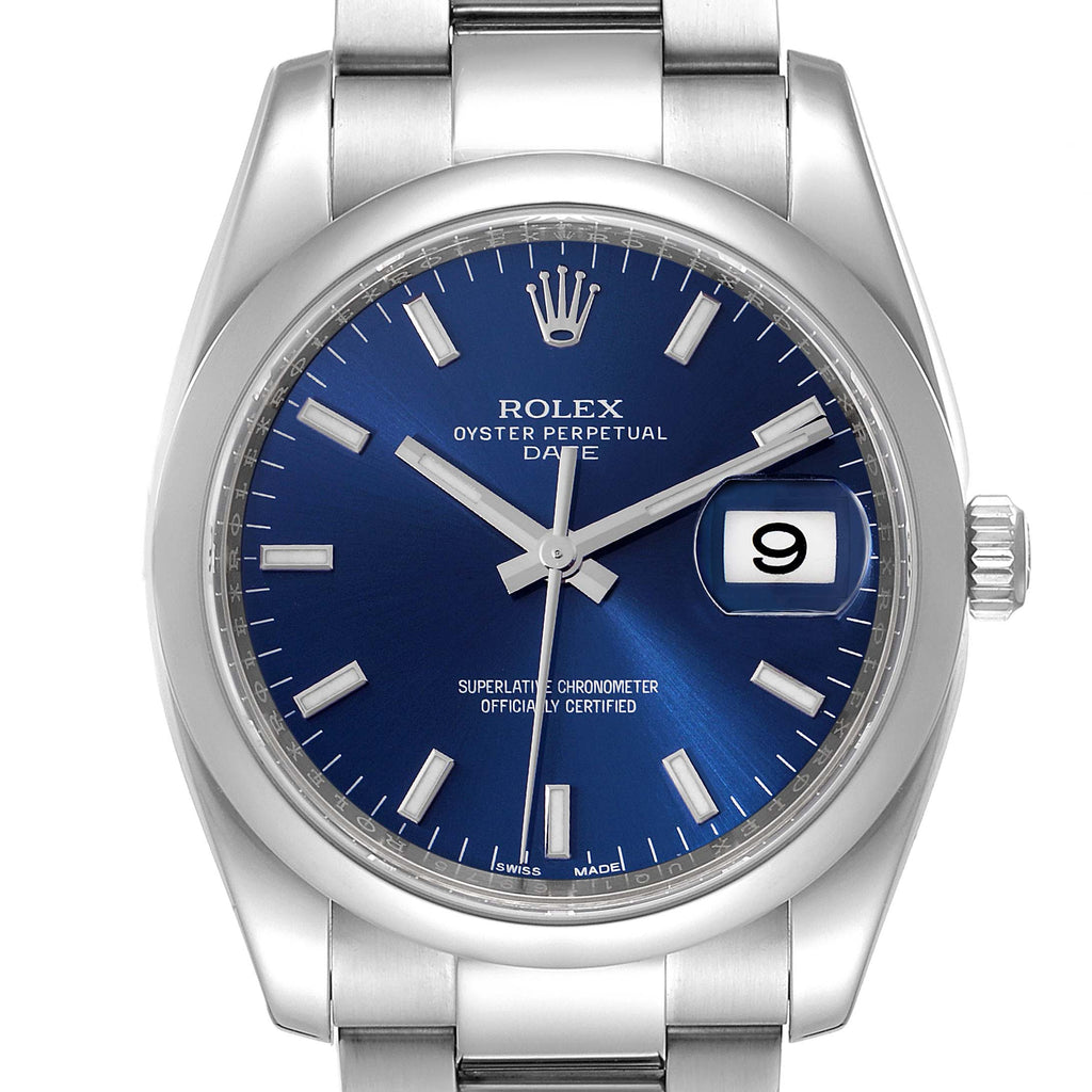 Rolex Date Stainless Steel Blue Baton Dial Mens Watch 115200 Box Card