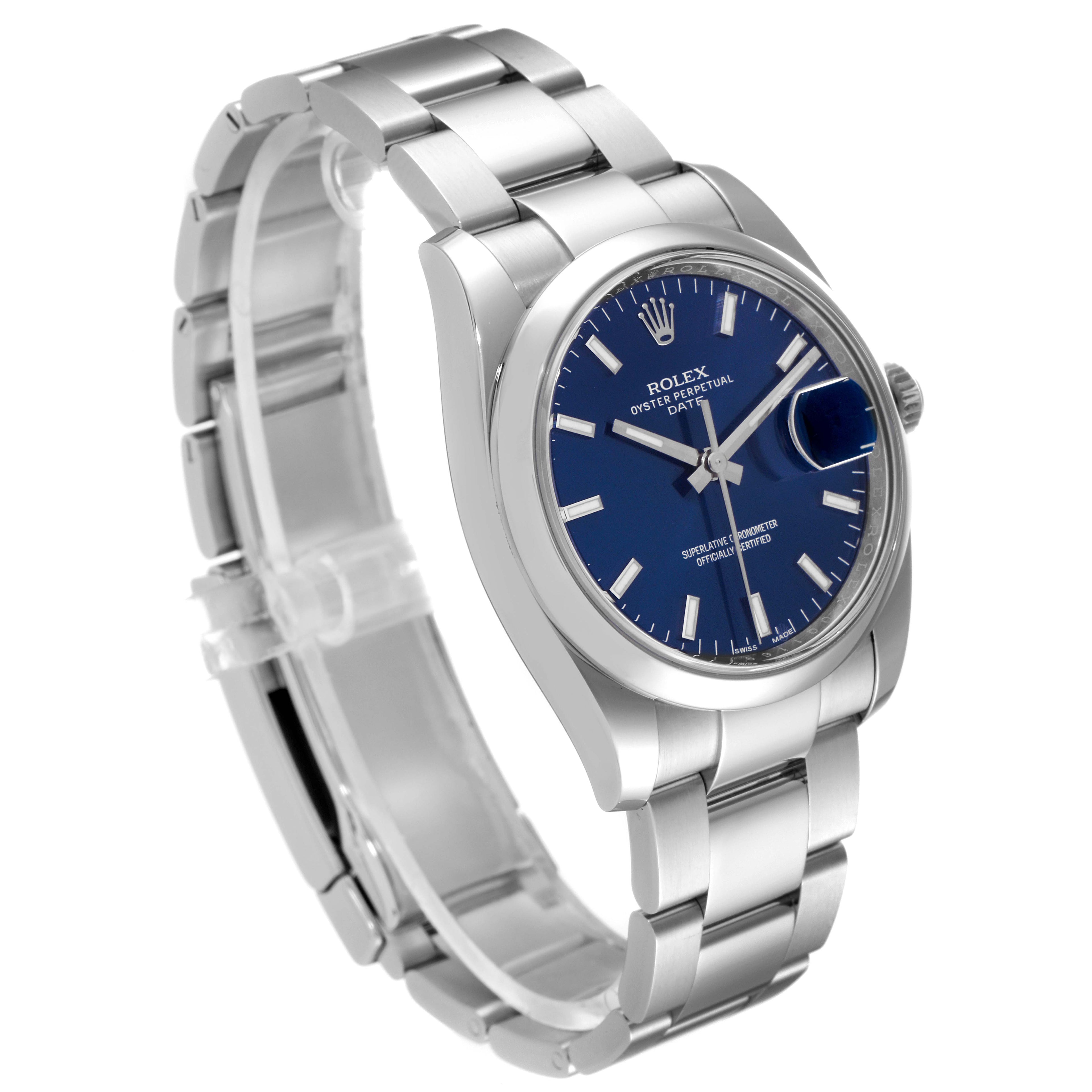 Rolex Date Stainless Steel Blue Baton Dial Mens Watch 115200 Box Card