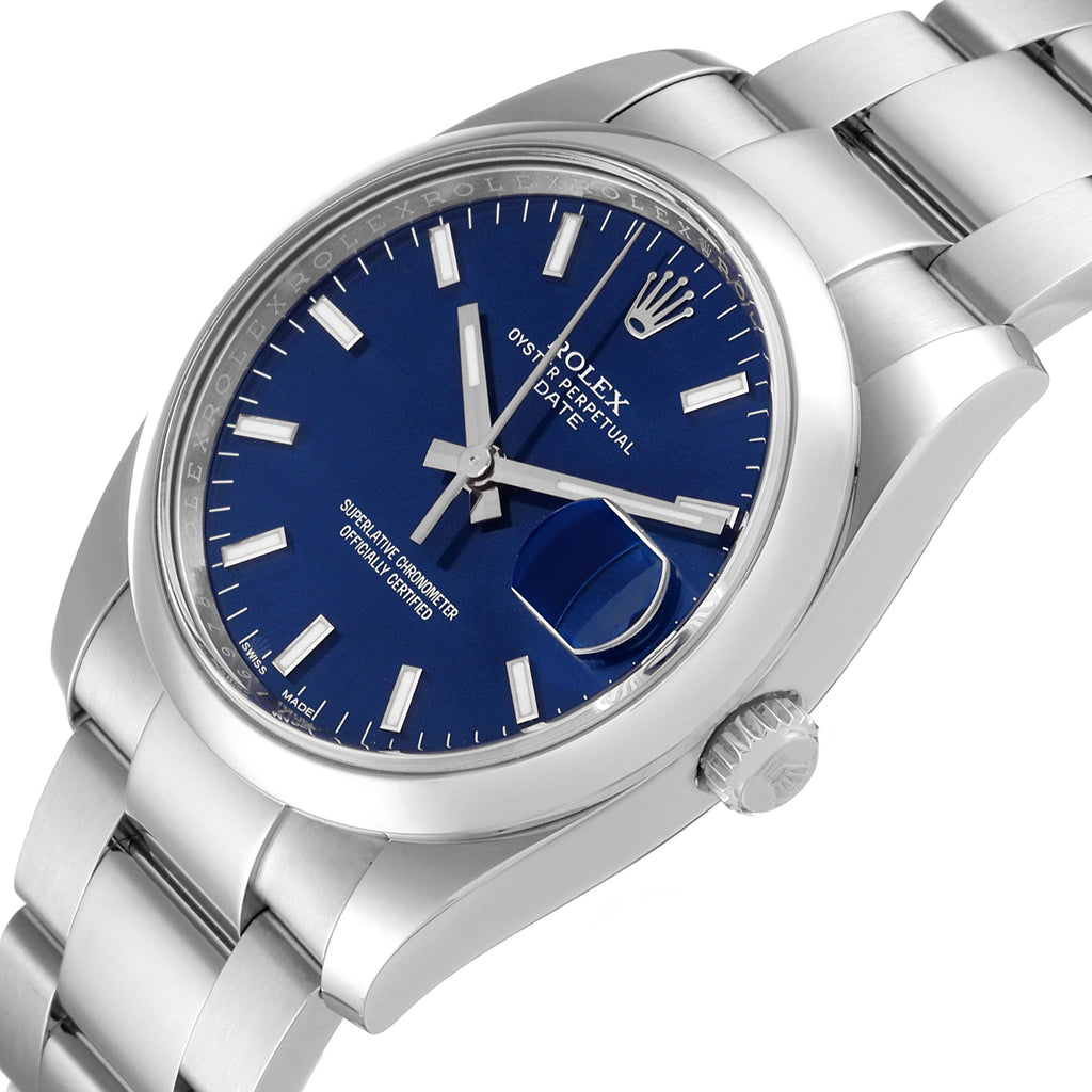 Rolex Date Stainless Steel Blue Baton Dial Mens Watch 115200 Box Card