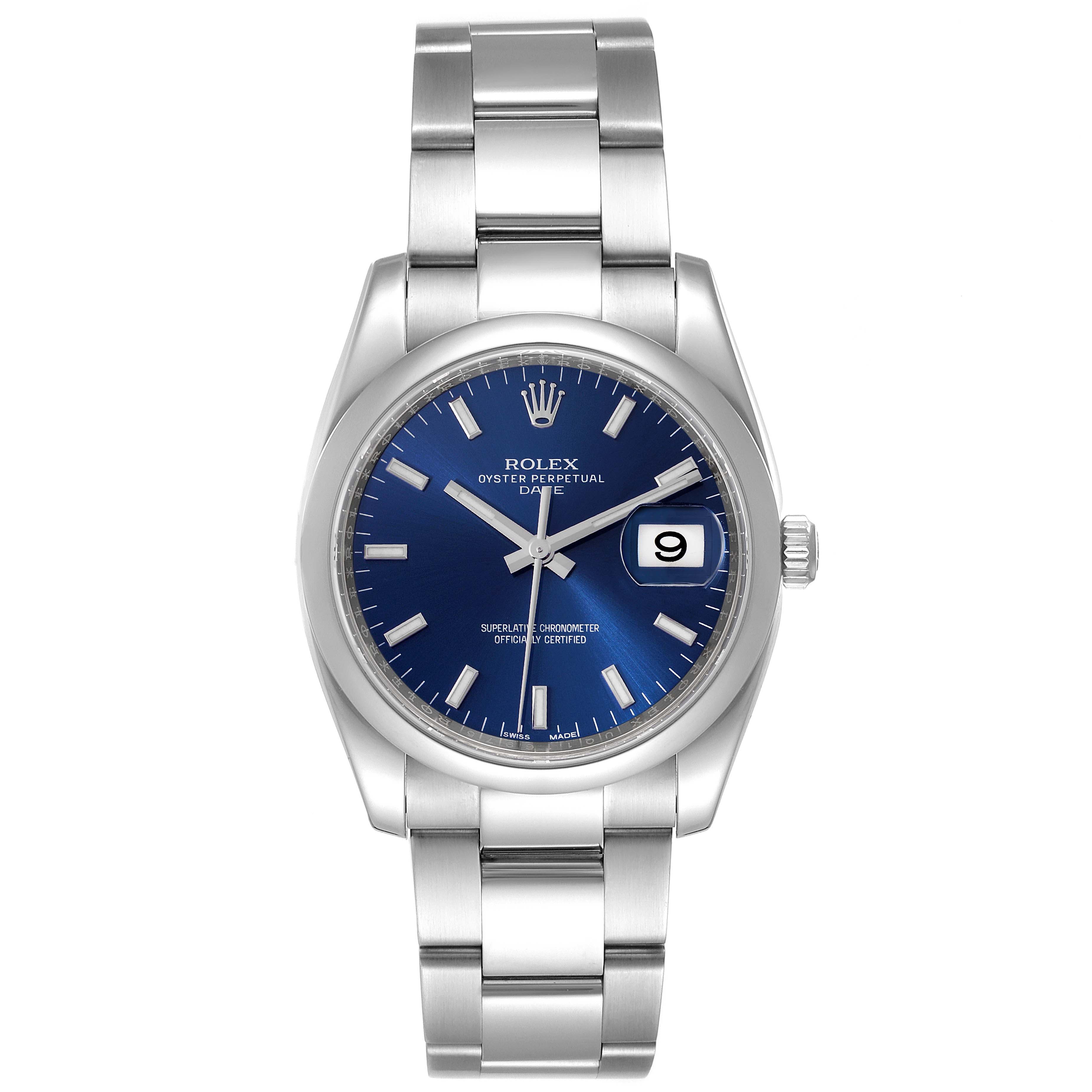 Rolex Date Stainless Steel Blue Baton Dial Mens Watch 115200 Box Card