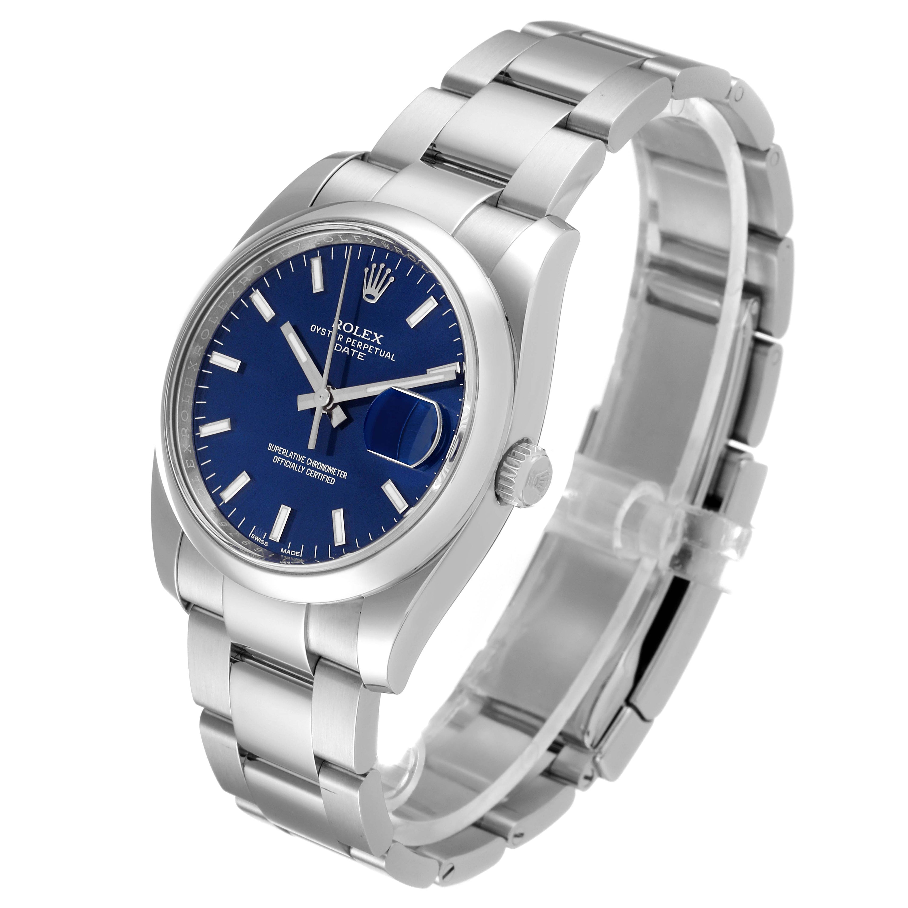 Rolex Date Stainless Steel Blue Baton Dial Mens Watch 115200 Box Card