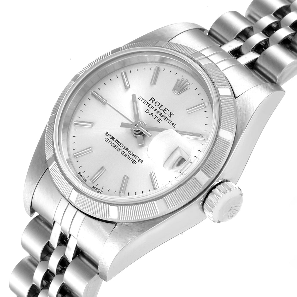 Rolex Date Stainless Steel Silver Baton Dial Ladies Watch 79190 Papers