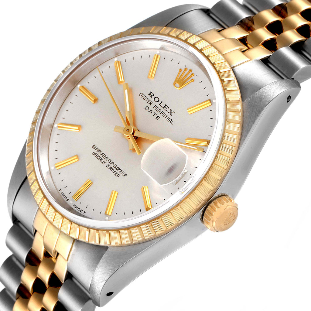 Rolex Date Steel 18k Yellow Gold Silver Dial Mens Watch 15223 Box Papers