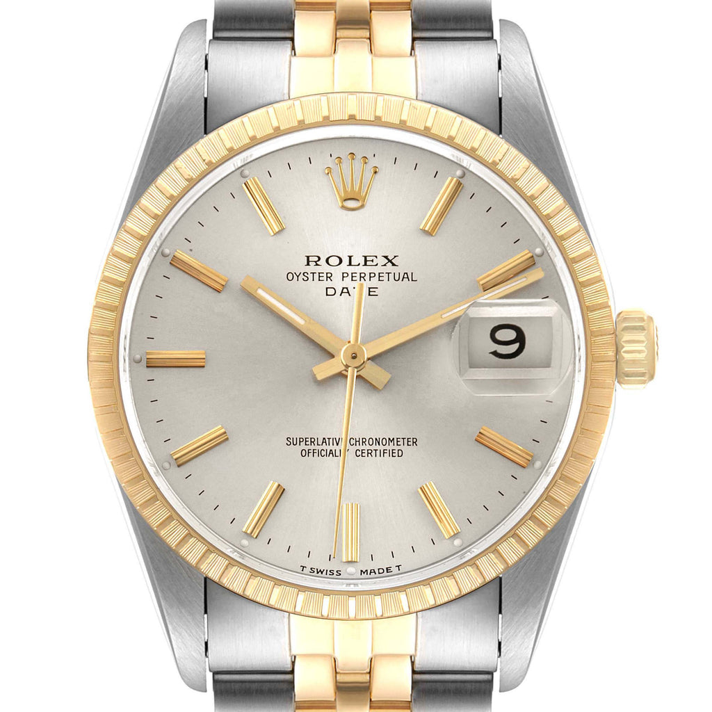 Rolex Date Steel 18k Yellow Gold Silver Dial Mens Watch 15223 Box Papers